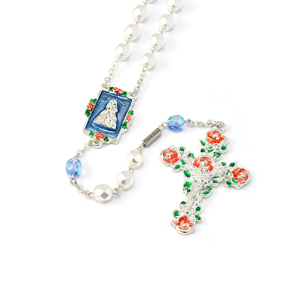 Lourdes Virgo Maria Roses Sky Blue &amp; Silver Hand Enameled Rosary