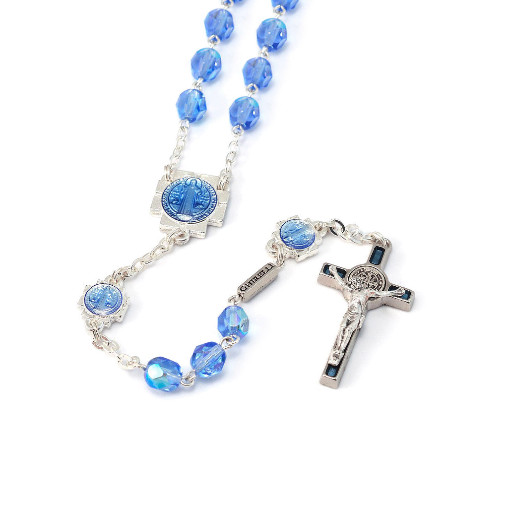 Saint Benedict Blue Enamel Rosary with Faceted Bohemian Glass Beads
