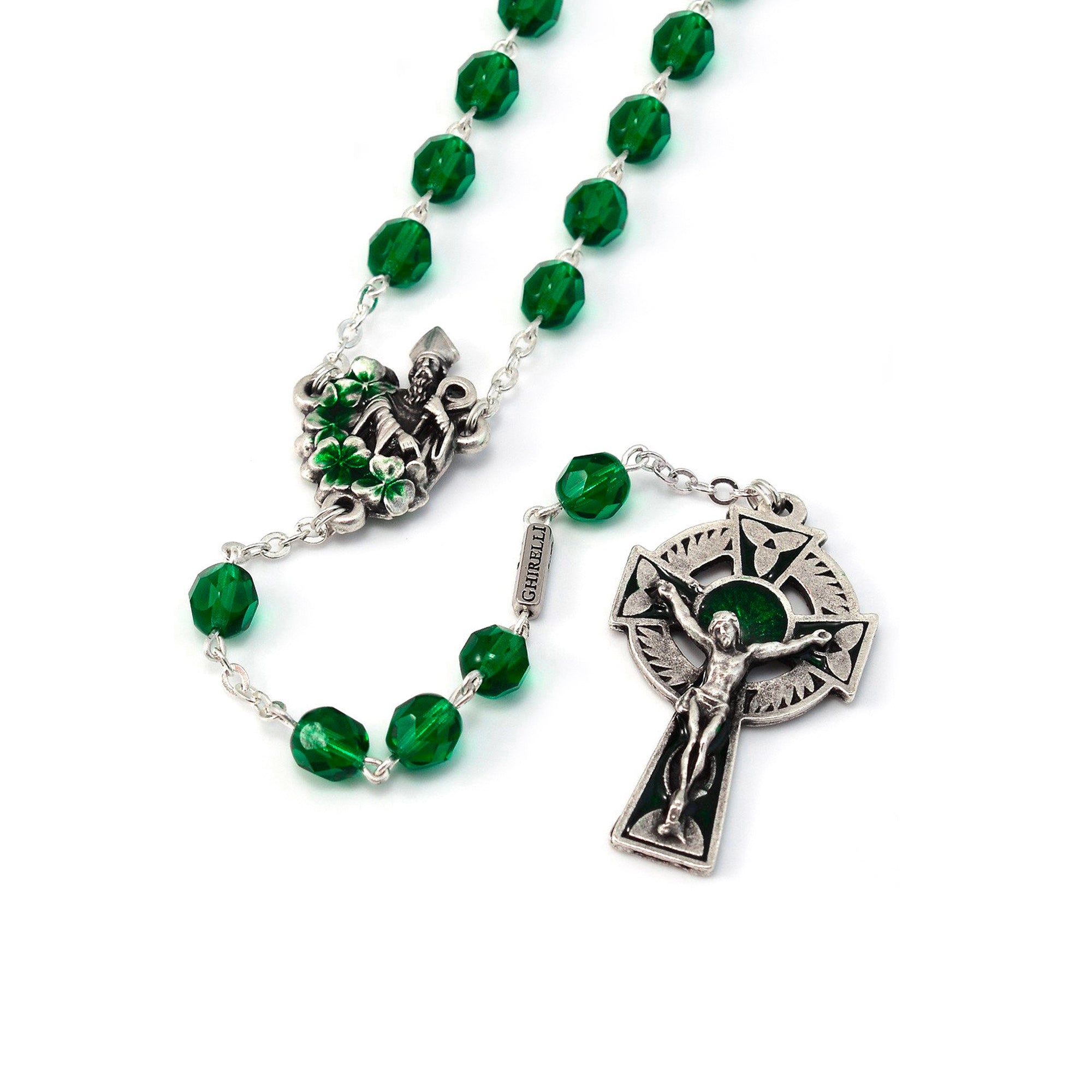 Saint Patrick Green Enamel, Faceted Crystal & Silver Rosary