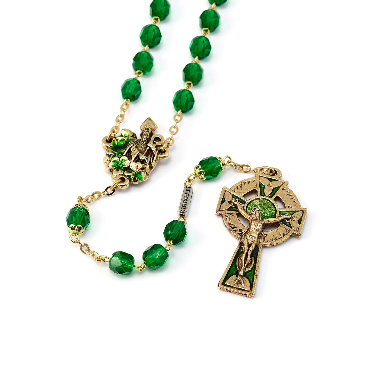 Saint Patrick Green Enamel, Faceted Glass &amp; Gold Rosary
