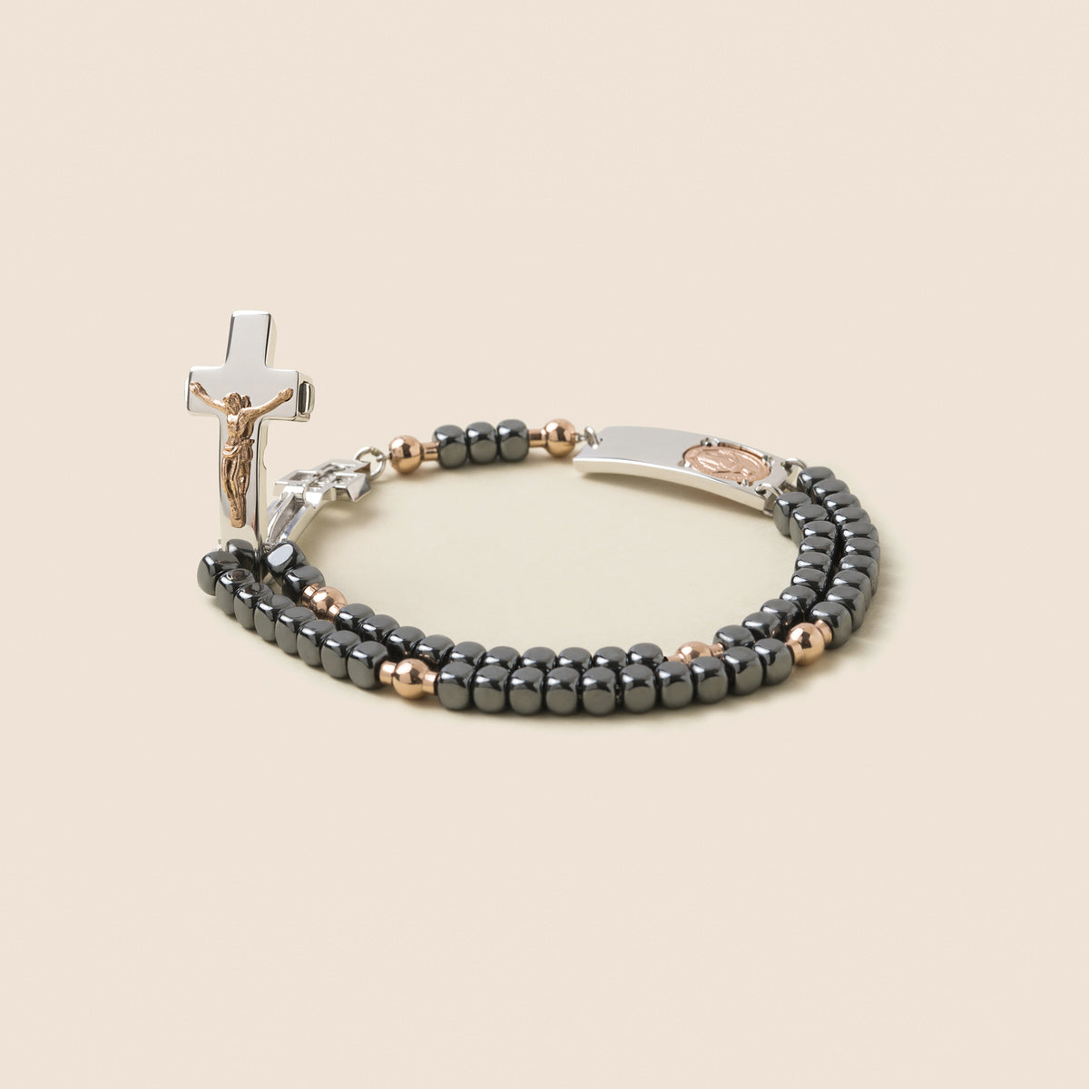 ROSALET® SQUARE POLISHED HEMATITE BEADS, STERLING SILVER &amp; ROSE GOLD PATER, TRADITIONAL   