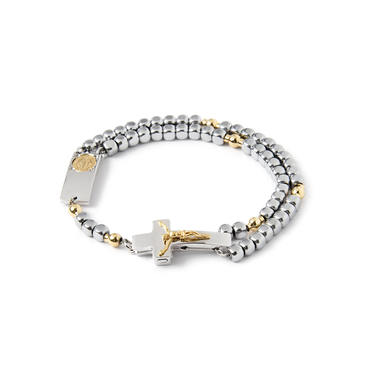 A two-tone sterling silver rosary bracelet with gold-plated accents, featuring a Crucifix and round beads.