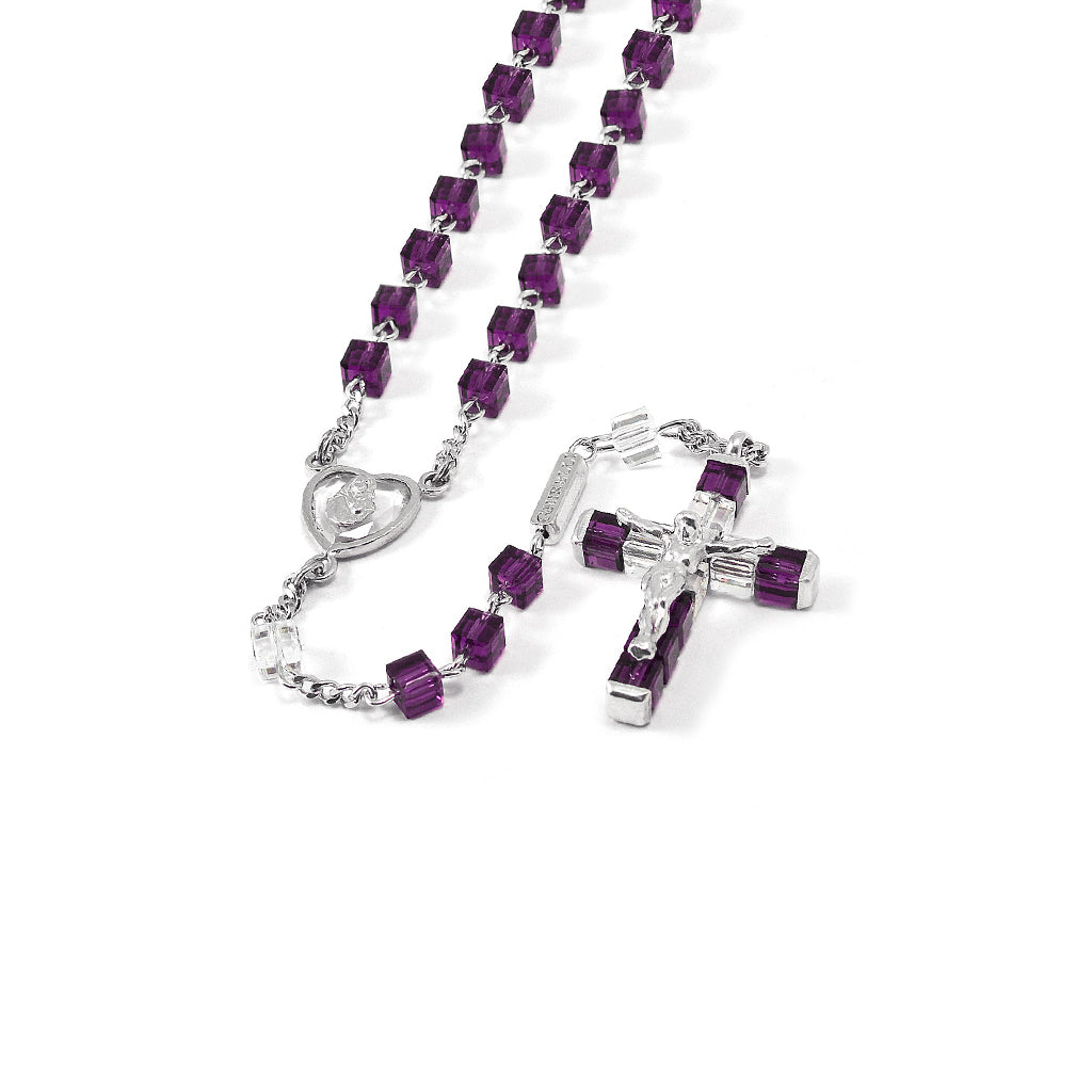 Crystal Heart Rosary with Amethyst &amp; Sterling Silver