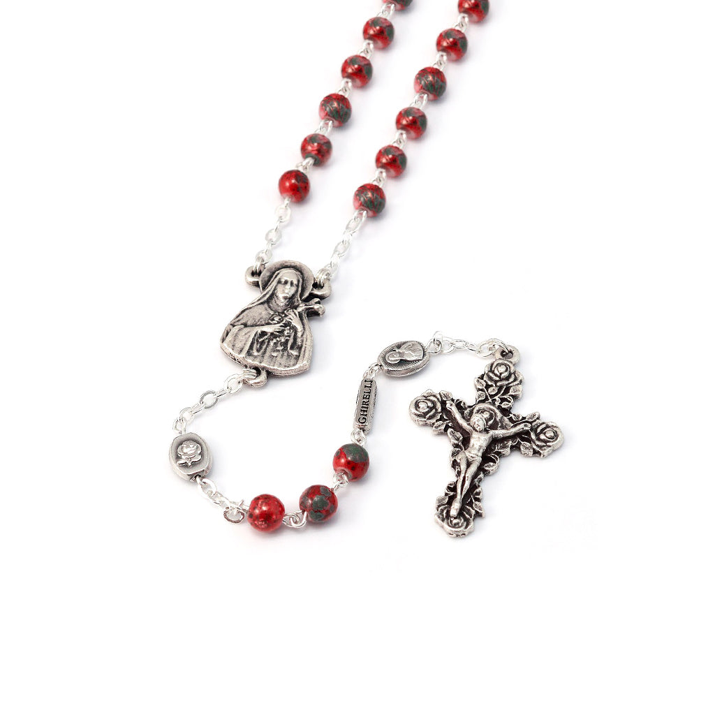 Saint Therese of Lisieux Red & Silver Roses Rosary