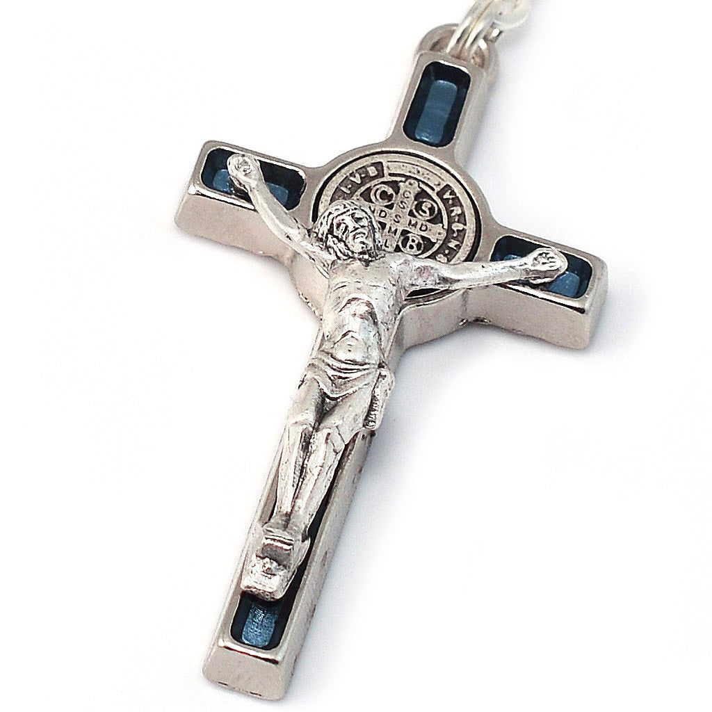 Saint Benedict Blue Enamel &amp; Silver Rosary