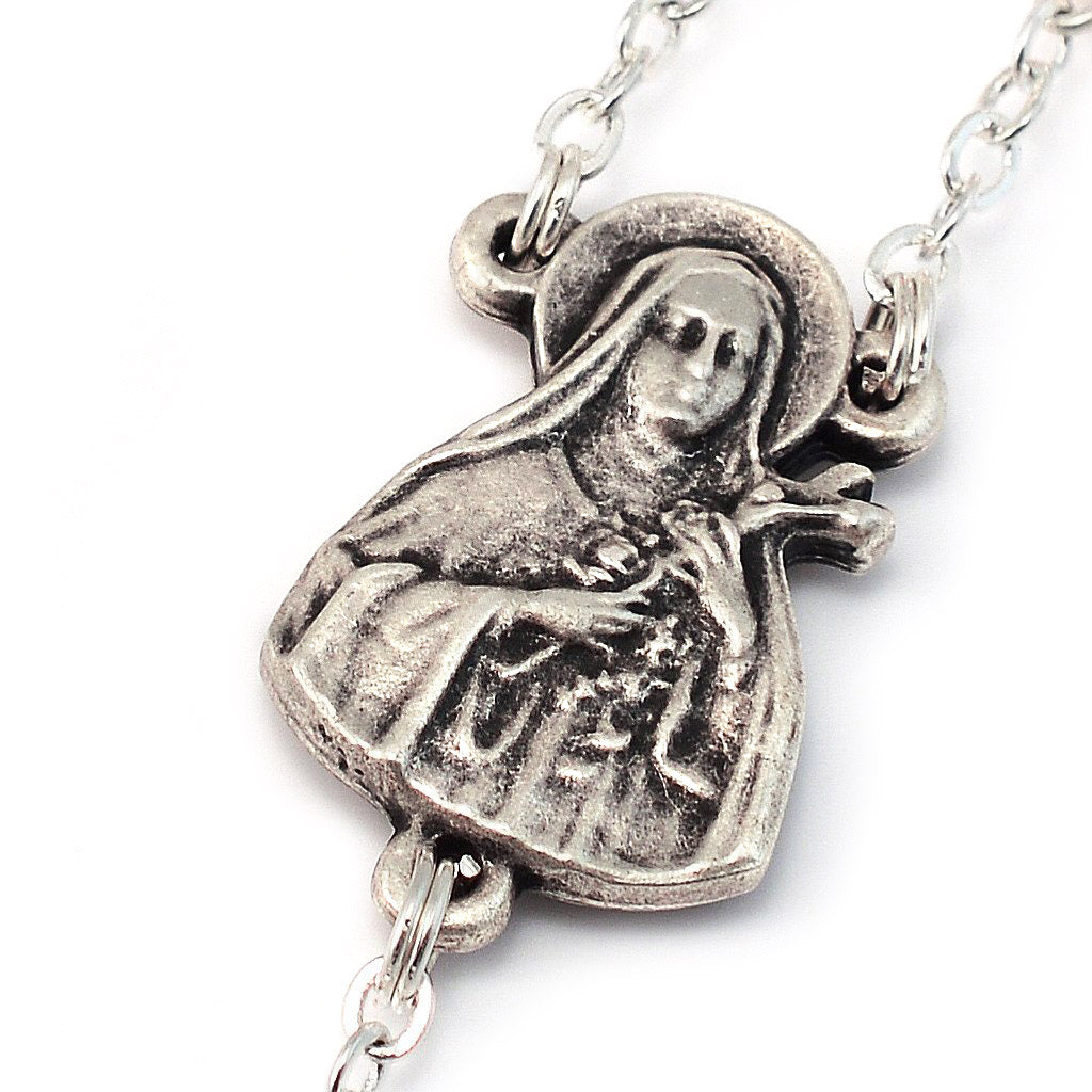 Saint Therese of Lisieux Blush &amp; Silver Roses Rosary
