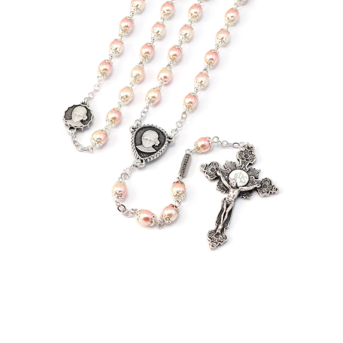 Saint Jacinta Marto Blush Pearl Silver Rosary