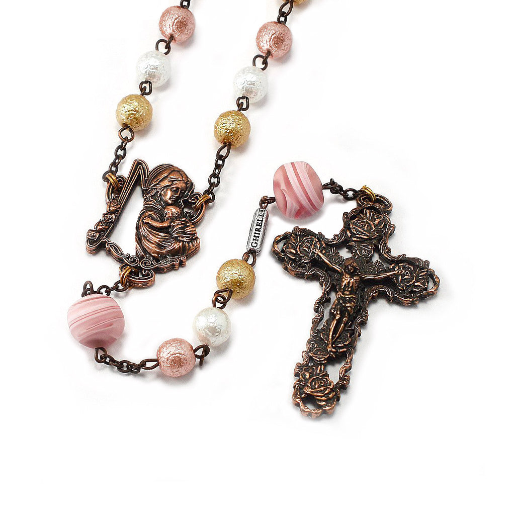 Rosaries for Women with White, Rose Gold & Gold Murano Glass