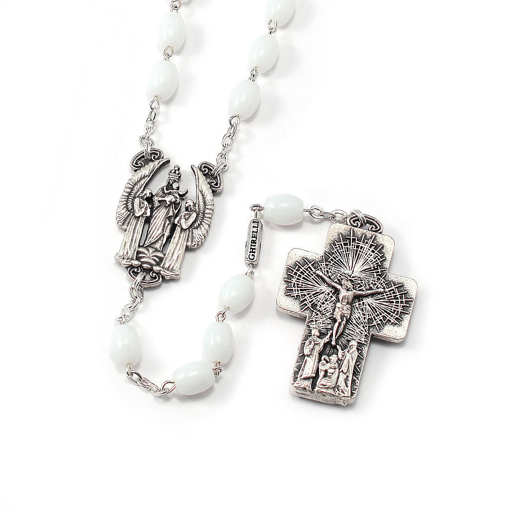 The Holy Mass Rosary with Oval Glass White Beads by Ghirelli