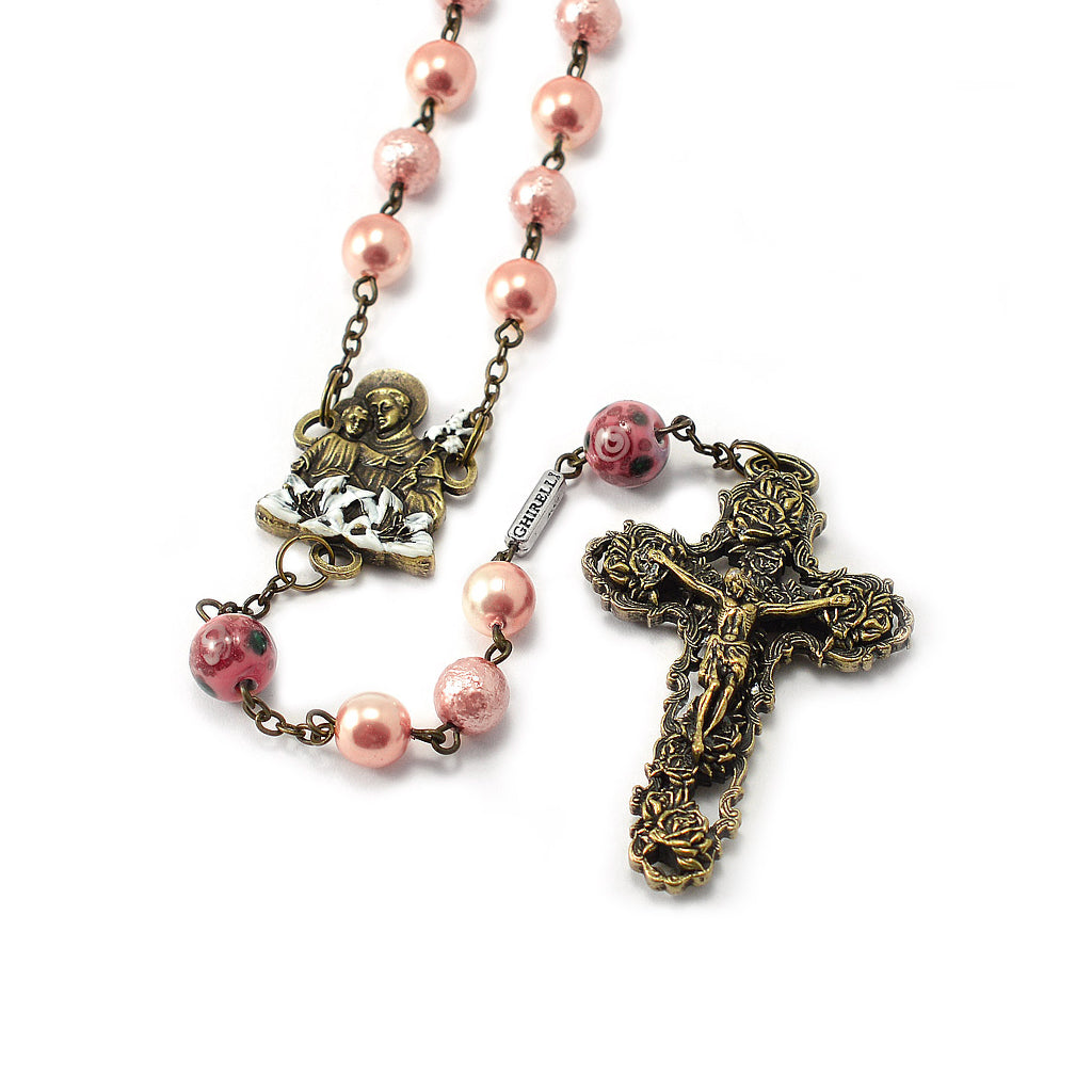 Saint Anthony Rosary in Antique Bronze and Pink Bohemian Glass Beads by Ghirelli