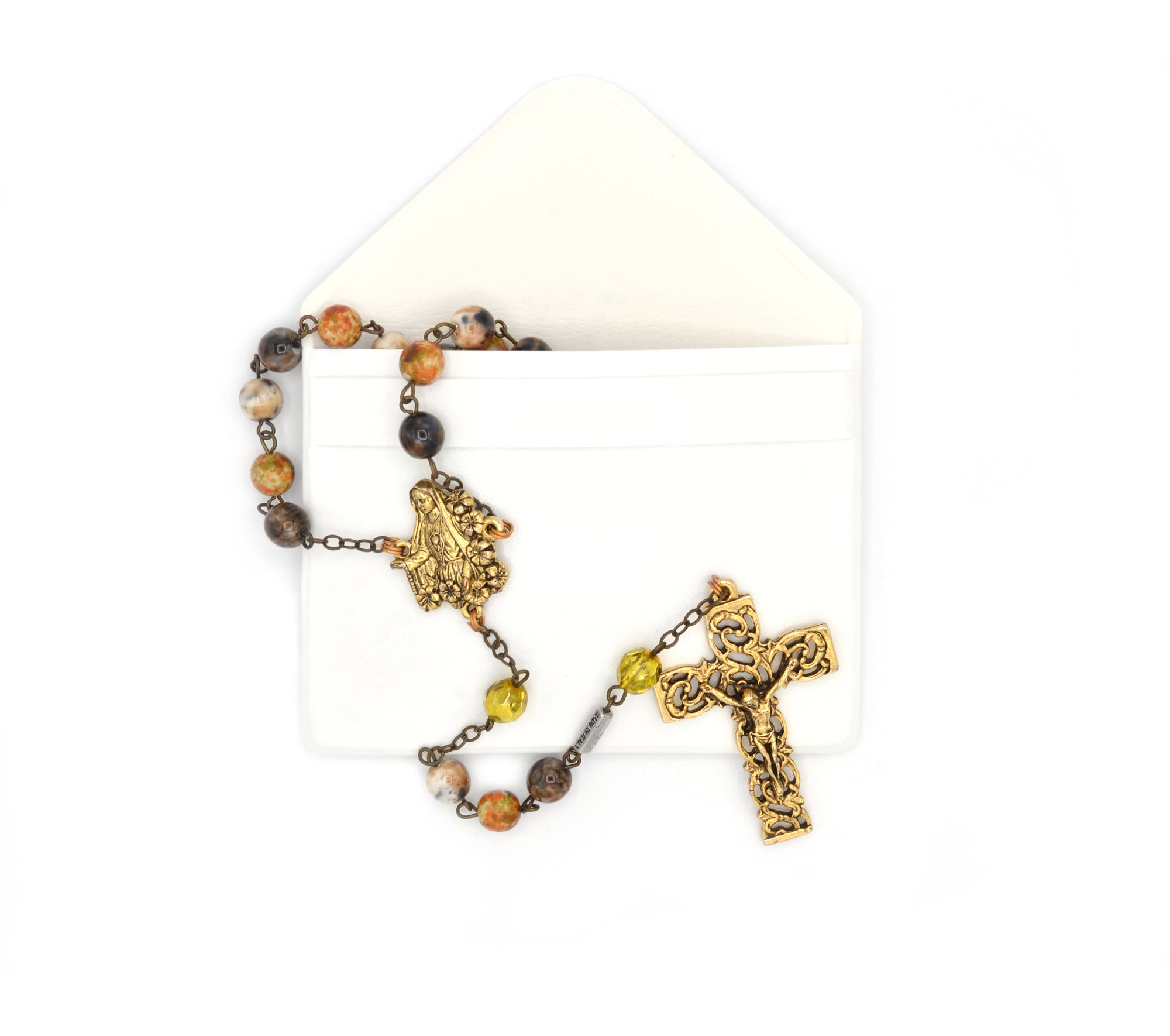 Fatima Lilies Rosary, Gold Finish with Baroque Crucifix, Earth-tone Marbled Glass Beads