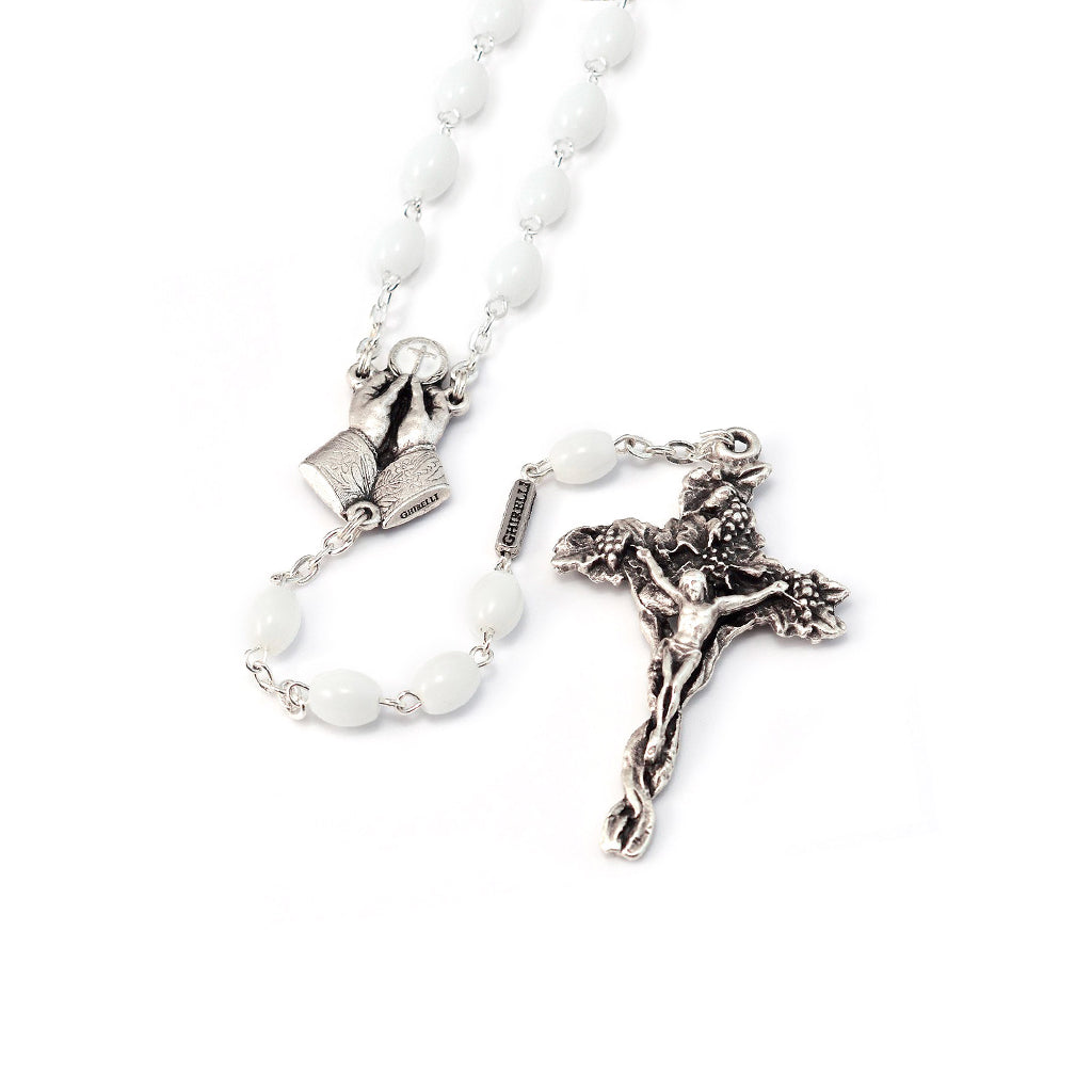 Holy Communion Vine & Branches White & Silver Rosary