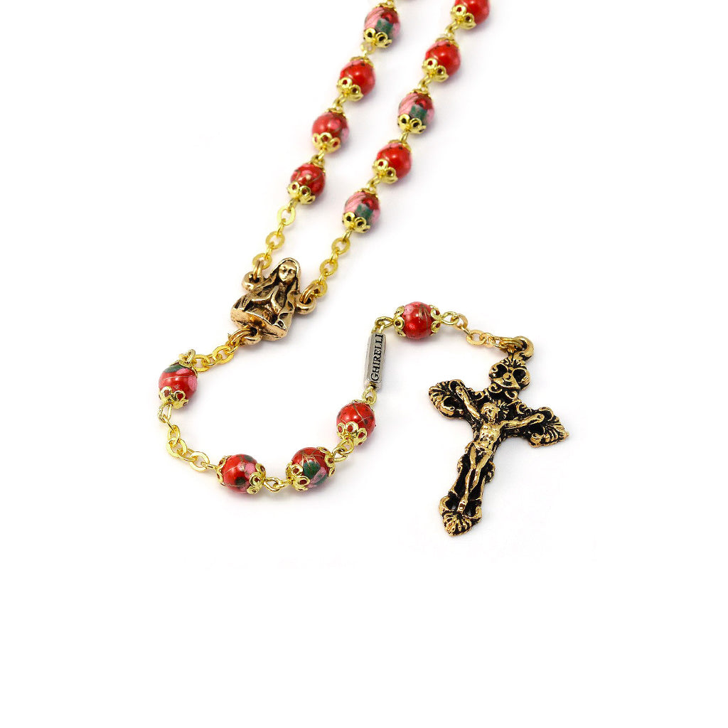 Lourdes Grotto Red Bohemian Glass &amp; Gold Rosary