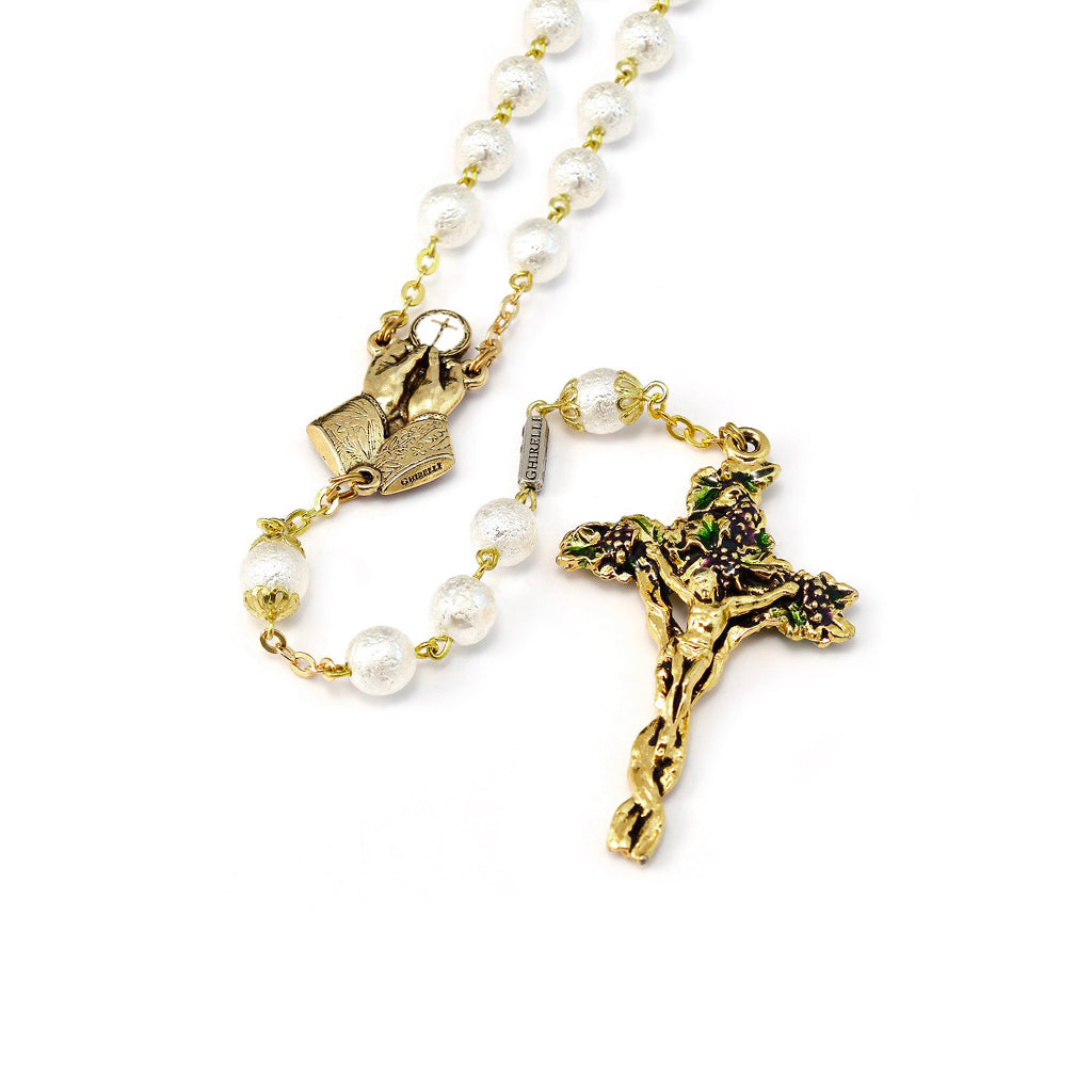 Holy Communion Vine & Branches Pearl & Gold Rosary