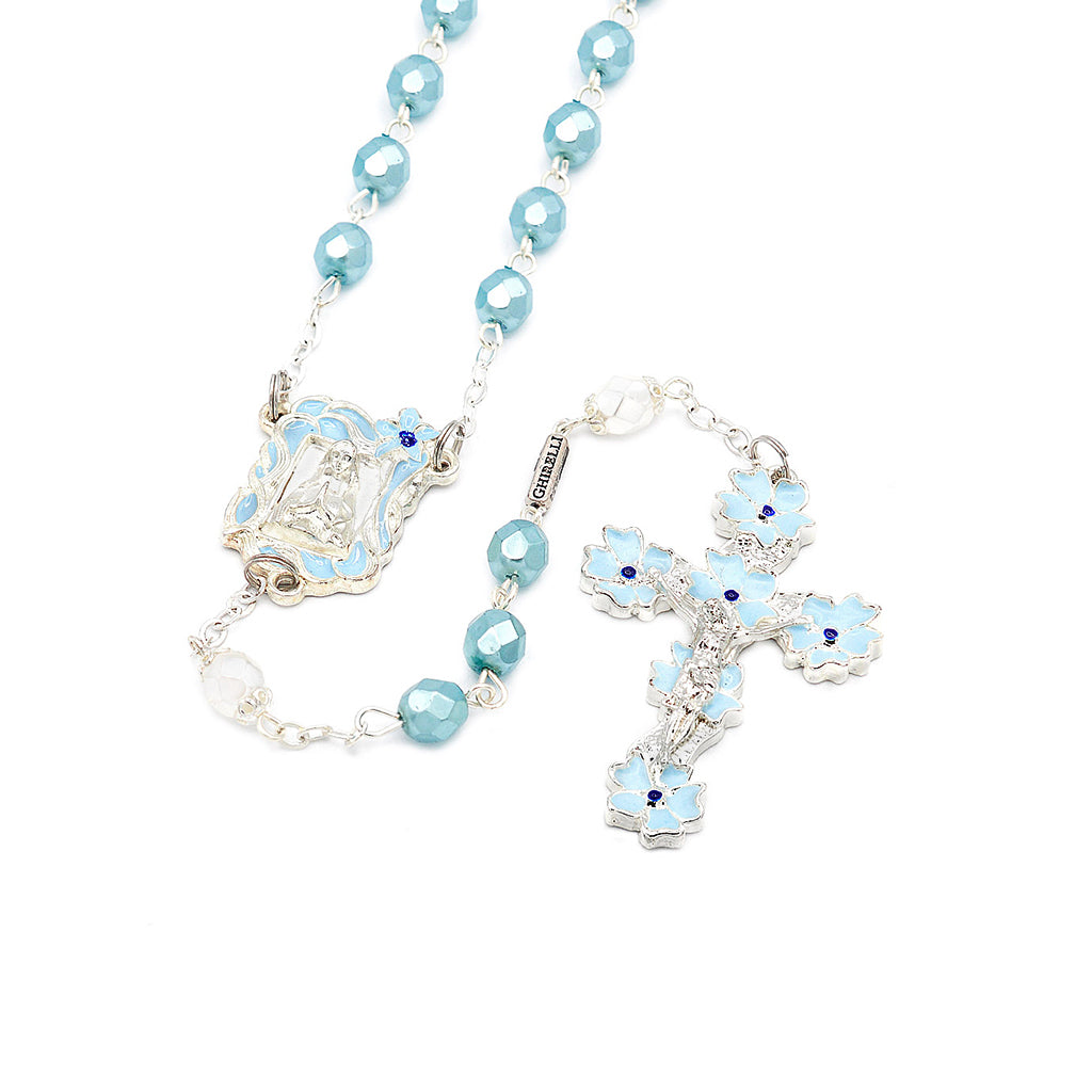 Lourdes Lily Sky Blue & Silver Floral Rosary