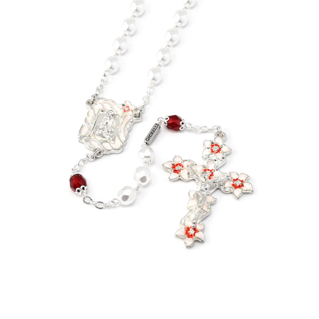 Lourdes Lily White, Red &amp; Silver Enameled Rosary