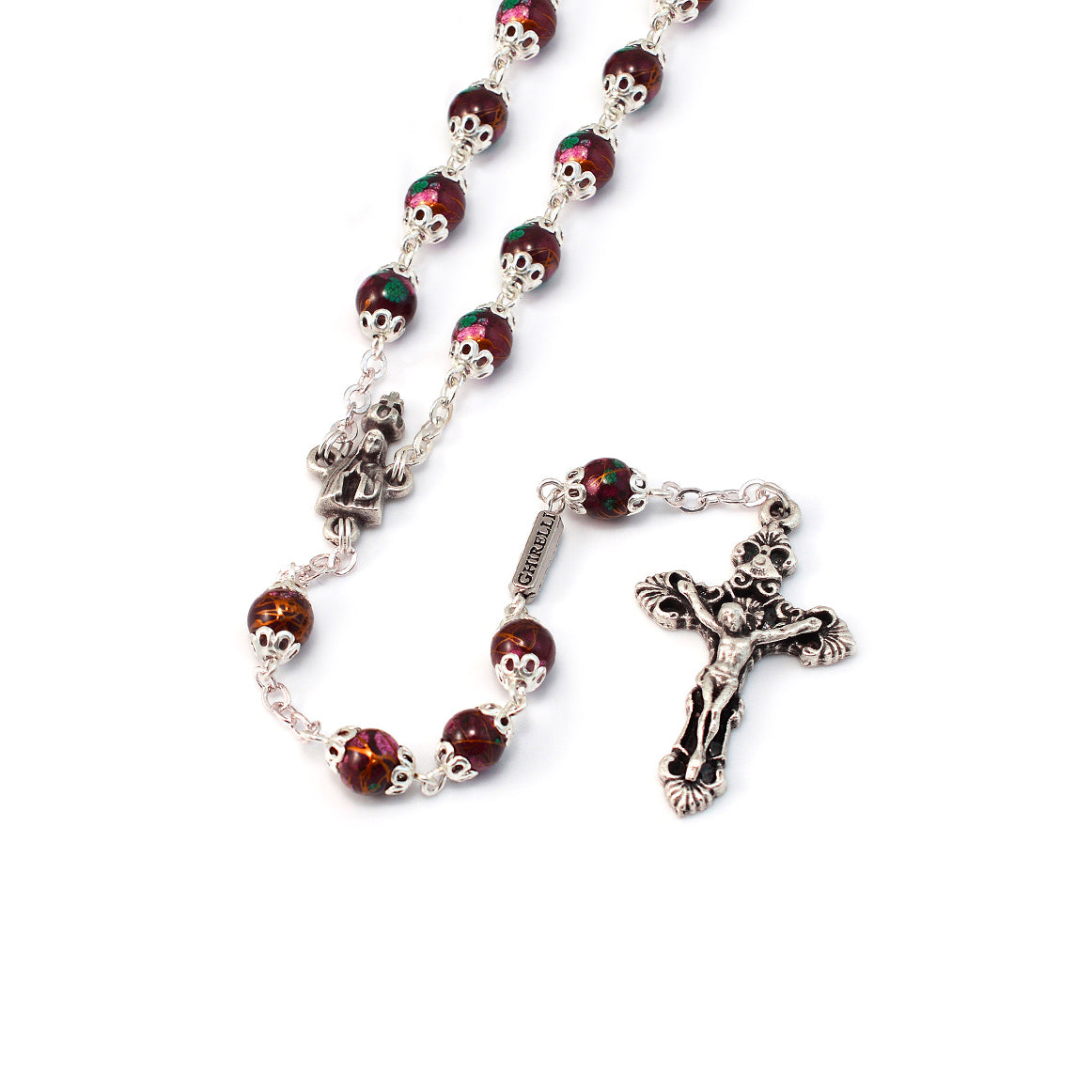 Fatima Crown Marbled Crimson & Silver Rosary