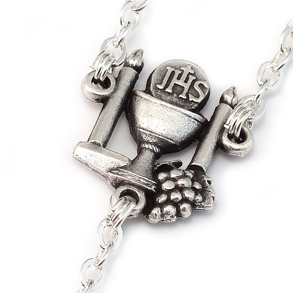 Holy Communion Pure White &amp; Silver Rosary