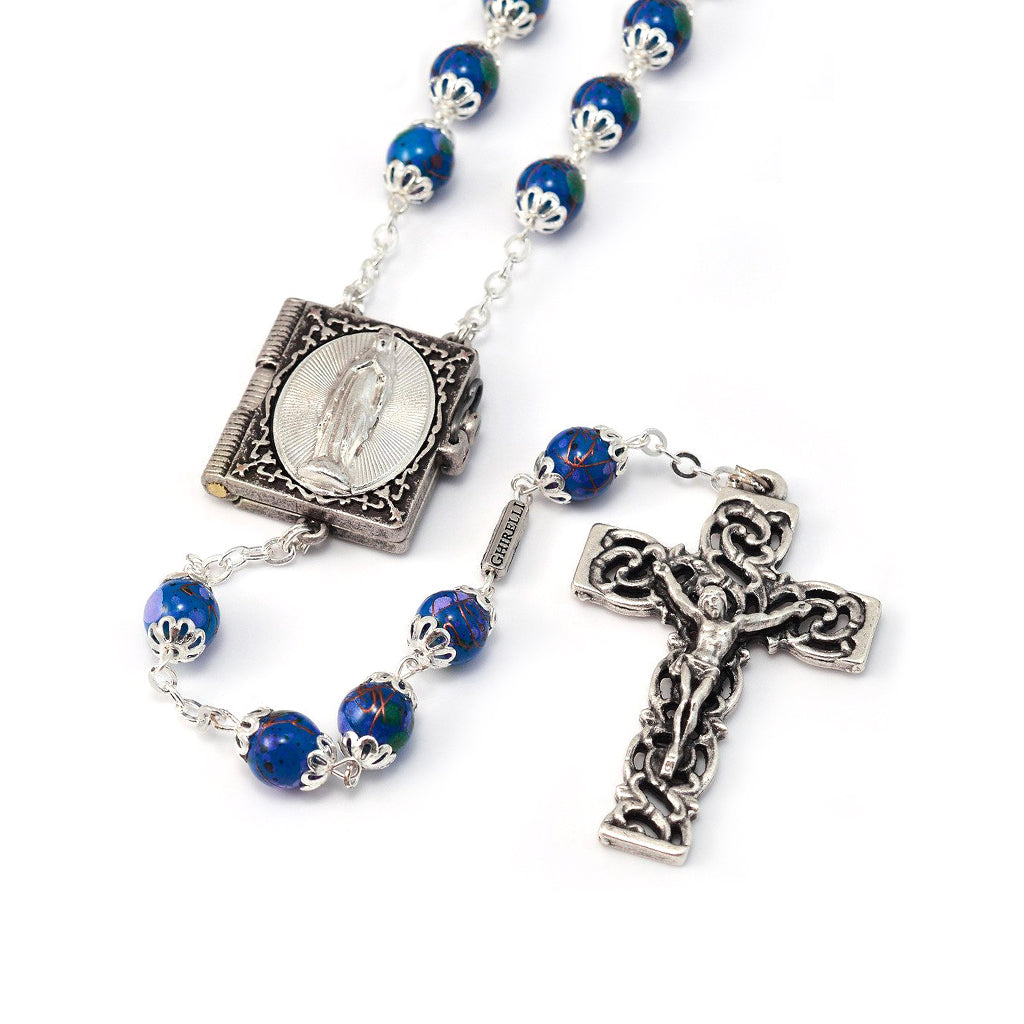 Lourdes Mysteries Booklet Blue &amp; Silver Rosary