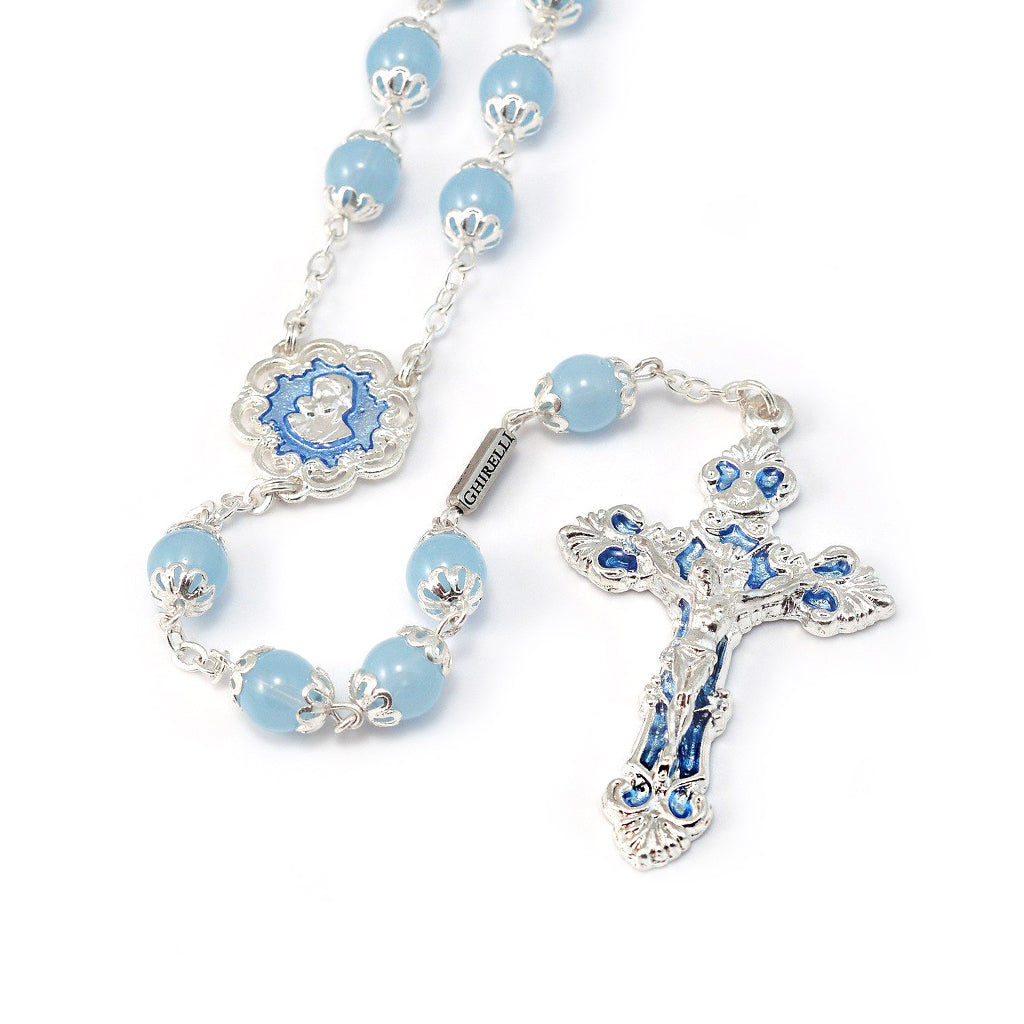 Mary's Motherly Love Collection Sky & Silver Rosary with Silver Caps