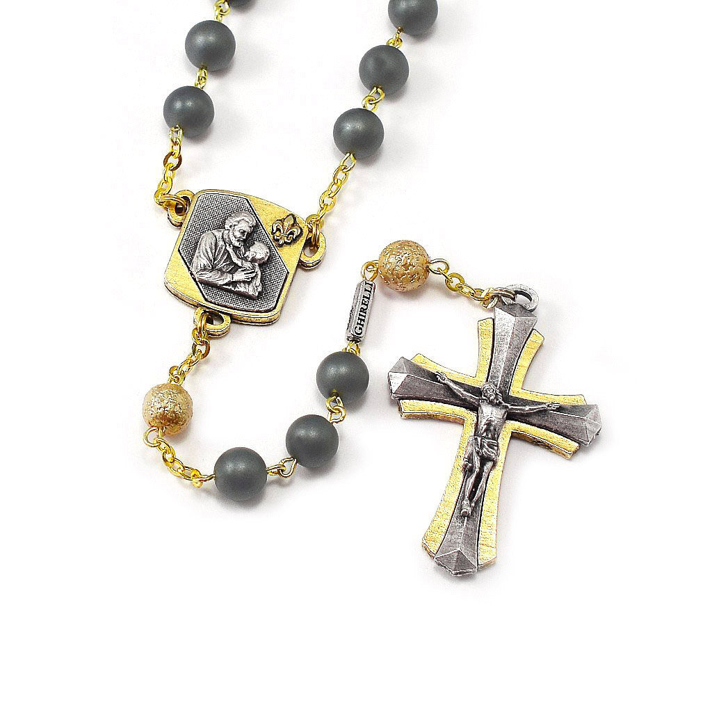 Saint Joseph Rosary in Silver, Gold &amp; Hematite