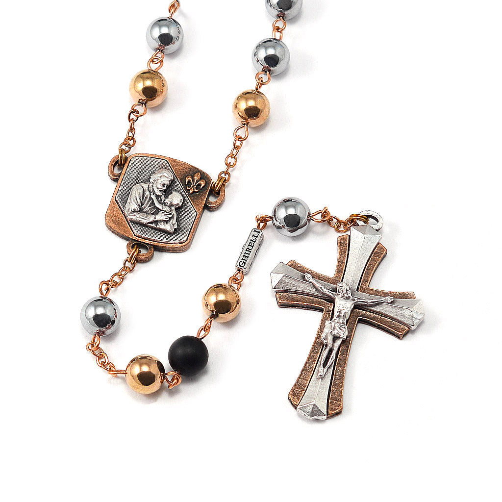 Saint Joseph Rosary in Copper, Silver &amp; Hematite