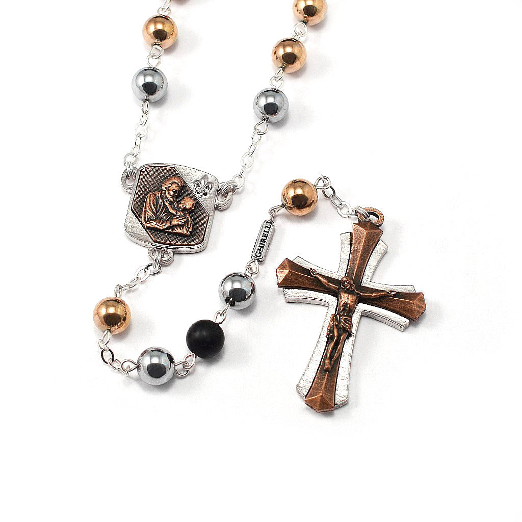 Saint Joseph Rosary in Copper, Silver &amp; Hematite