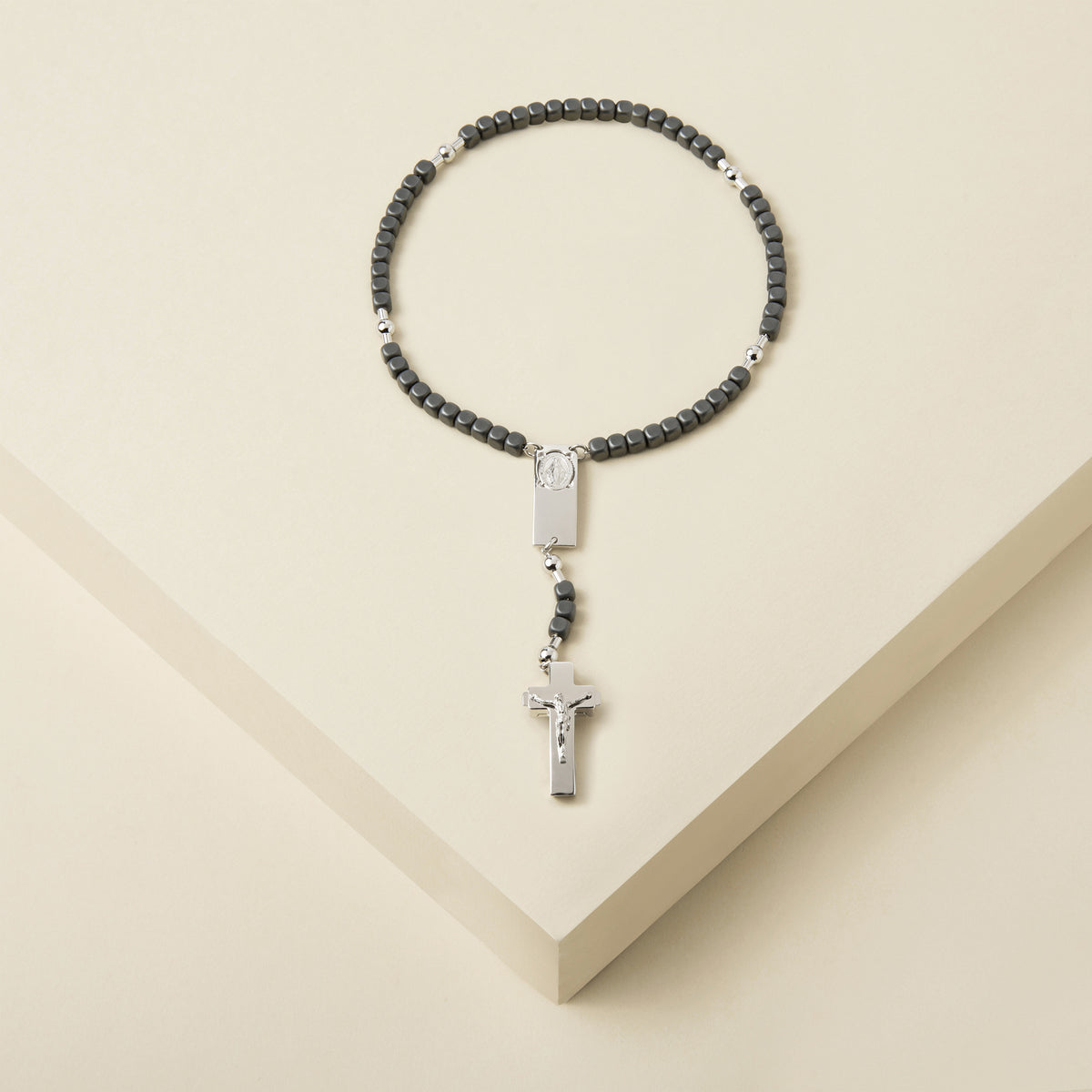 ROSALET® SQUARE MATTE HEMATITE BEADS, STERLING SILVER &amp; ROUND PATER, TRADITIONAL    