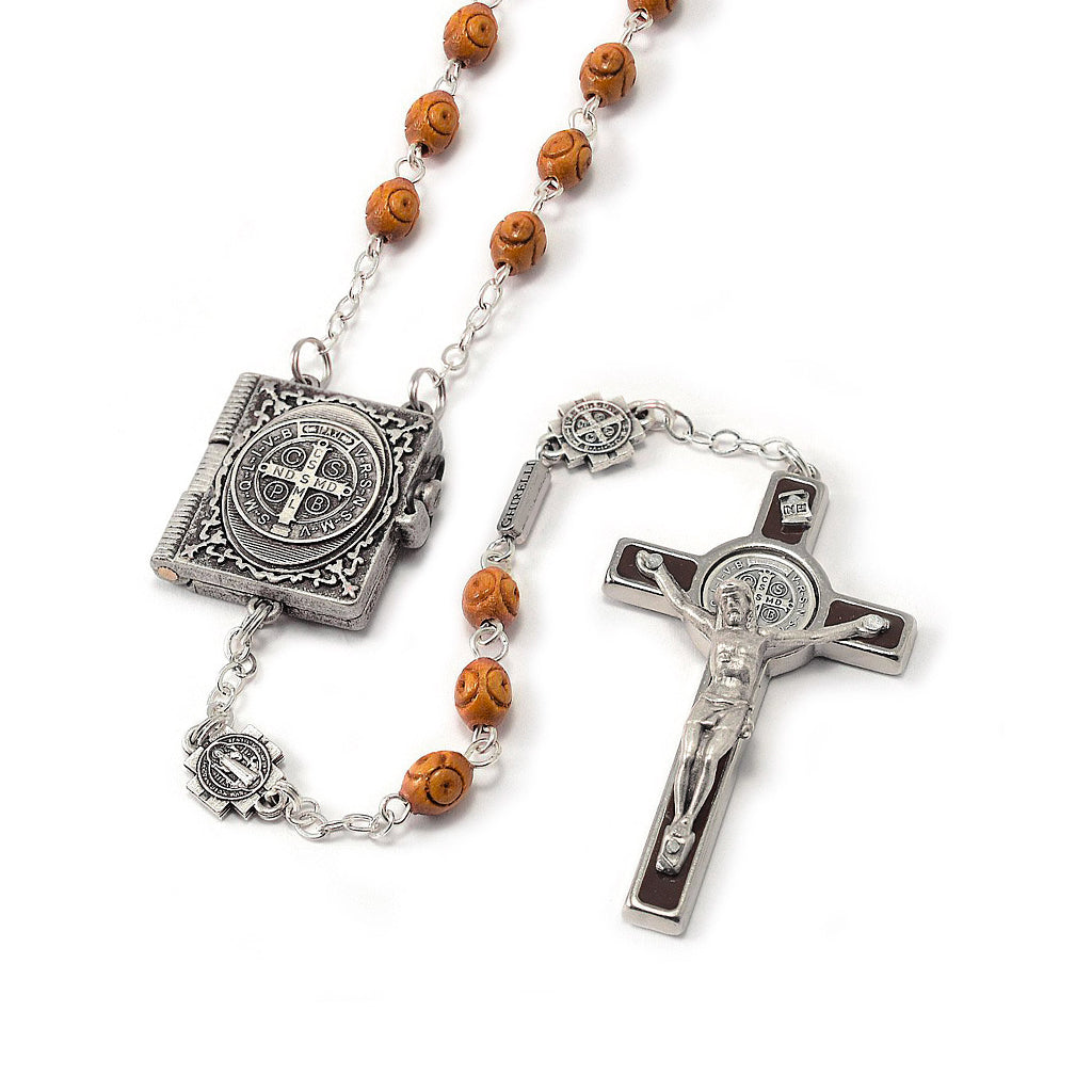 Saint Benedict Booklet Rosary, Italian Wood &amp; Silver