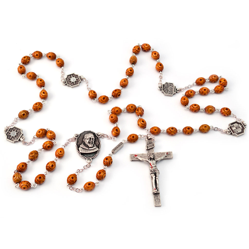 Saint Pio of Pietrelcina Rosary in Antique Silver with Wood Beads