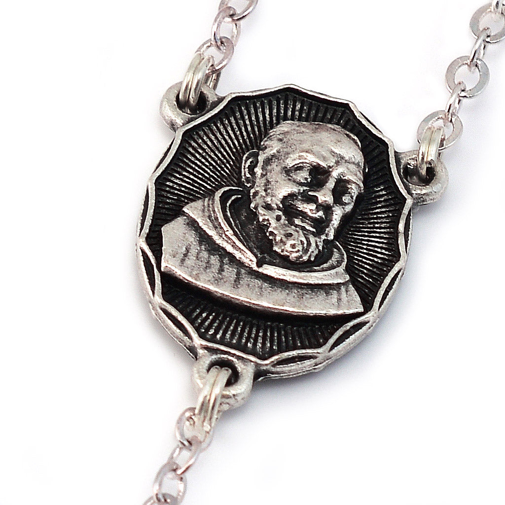 Saint Pio of Pietrelcina Rosary in Antique Silver with Wood Beads