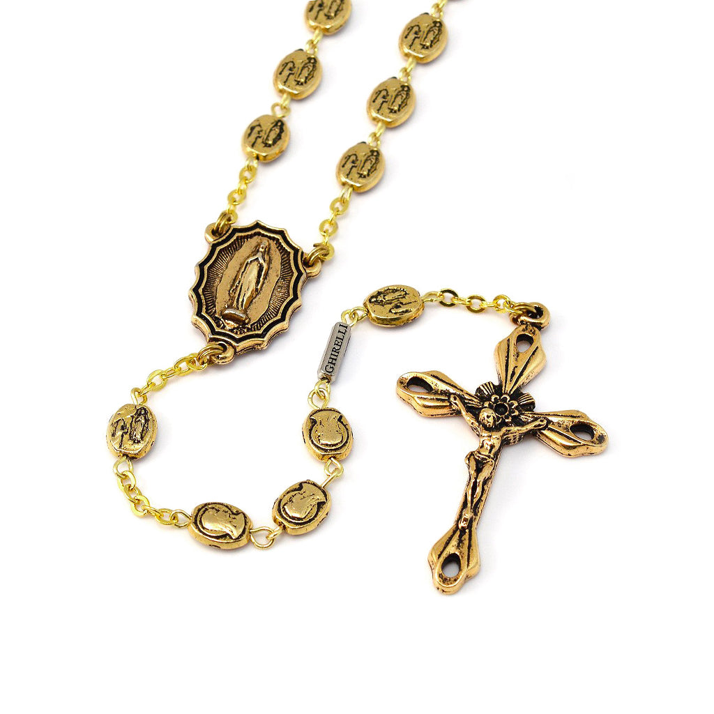 Lourdes Virgo Maria Gold Roses Rosary
