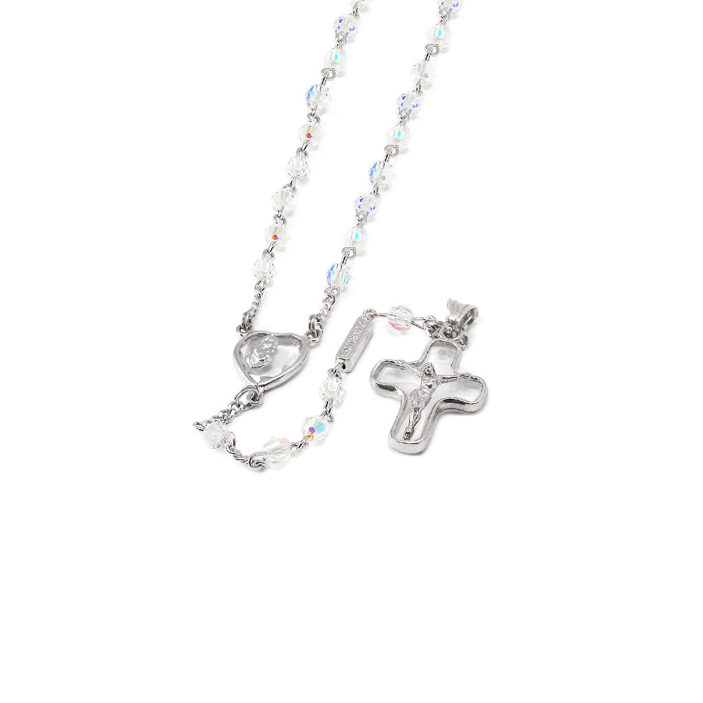 Aurora Borealis Crystal Heart Rosary with Sterling Silver