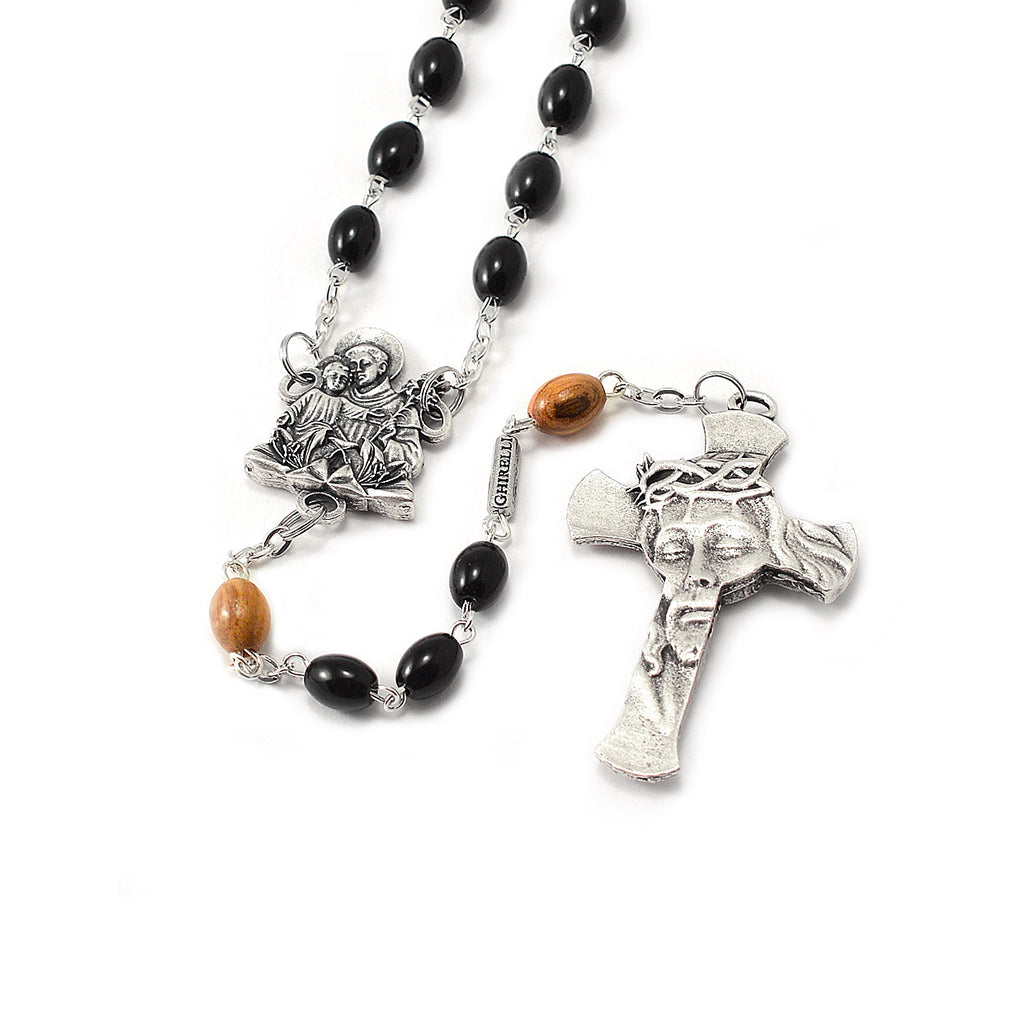 Saint Anthony Rosary in Antique Silver and Black Glass Beads