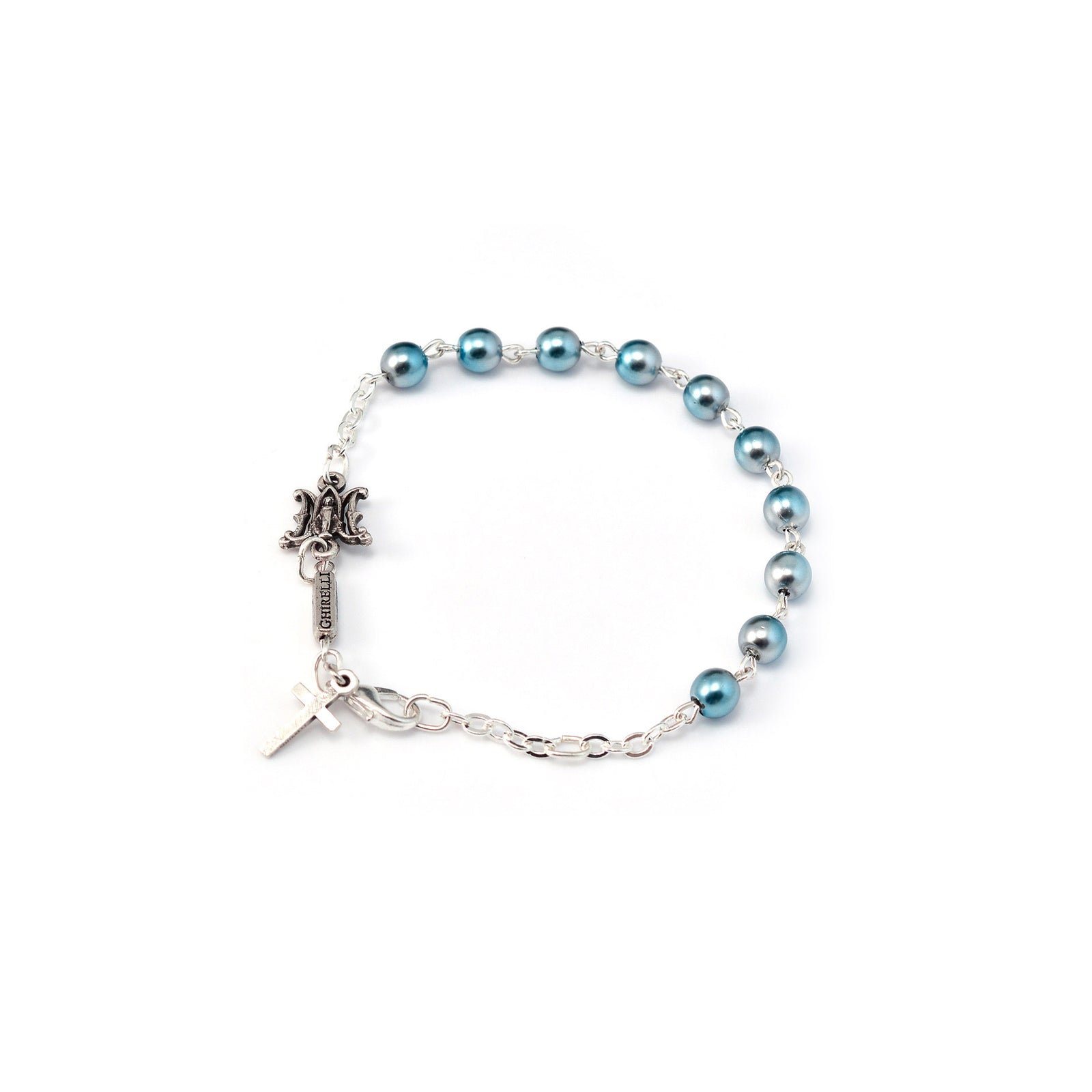 A blue bracelet with 6 mm Bohemian glass beads and antique silver plated finish featuring the Miraculous Medal and a cross pendant.
