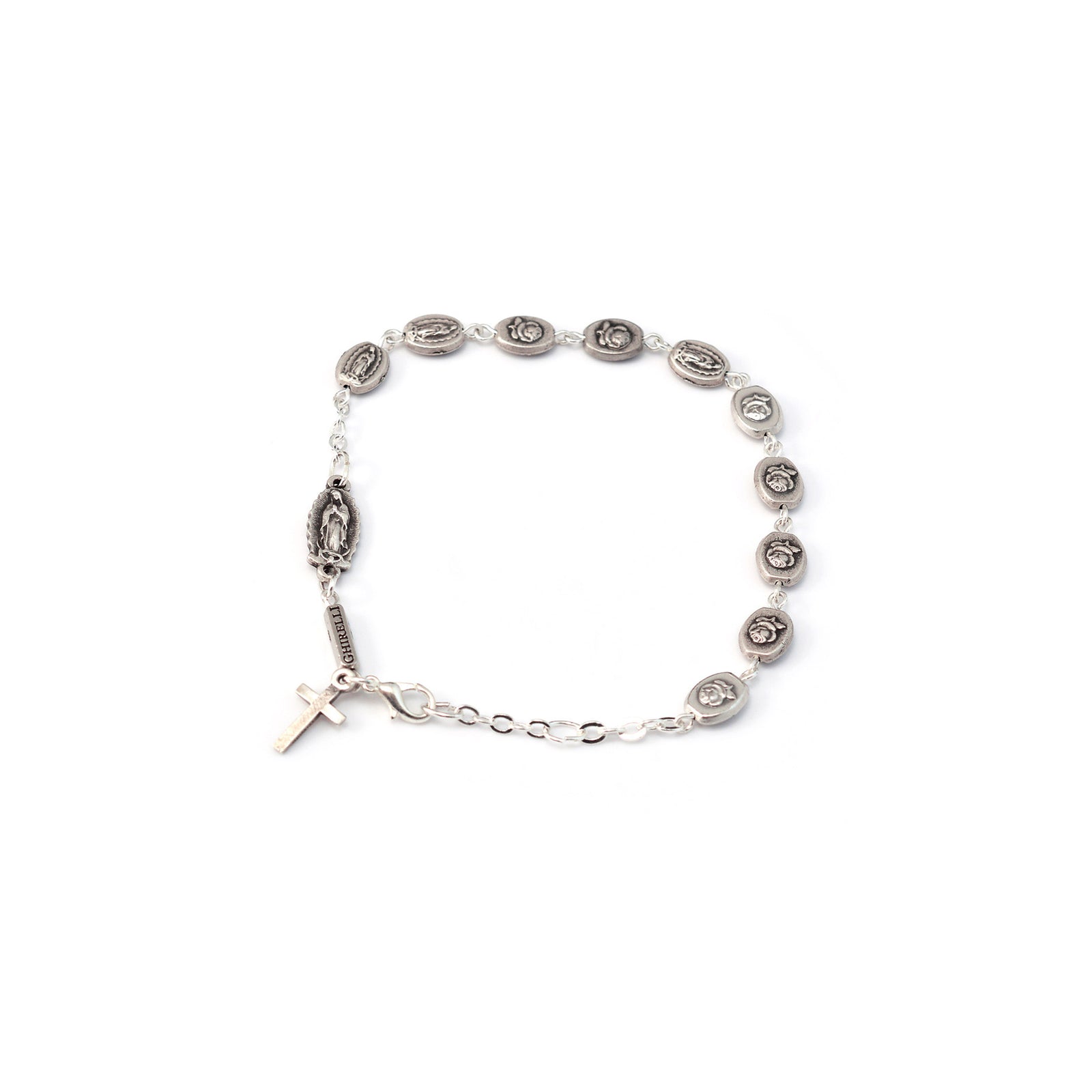 A bracelet with antique silver plated metal beads, featuring the image of Our Lady of Guadalupe and a Castilian rosebud on the reverse side, and a silver plated cross pendant.