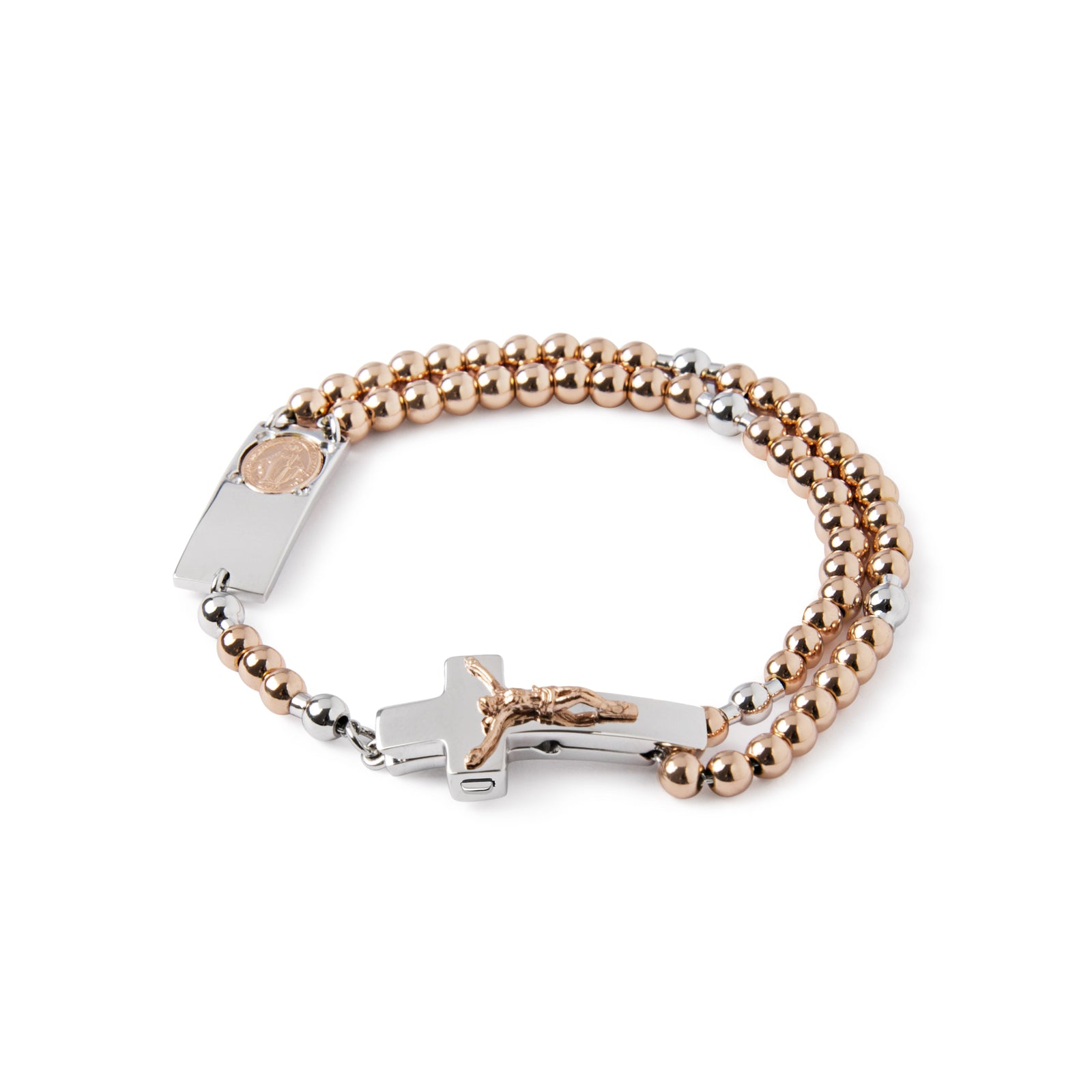 A sterling silver and rose gold-plated rosary bracelet with a patented clasp design and miraculous medal inset.
