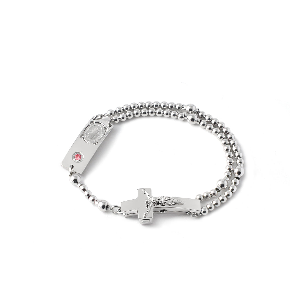 A sterling silver rosary bracelet with a zircon centerpiece, featuring a double safety button closure, and distinct &#39;Our Father/Glory&#39; and &#39;Hail Mary&#39; beads.