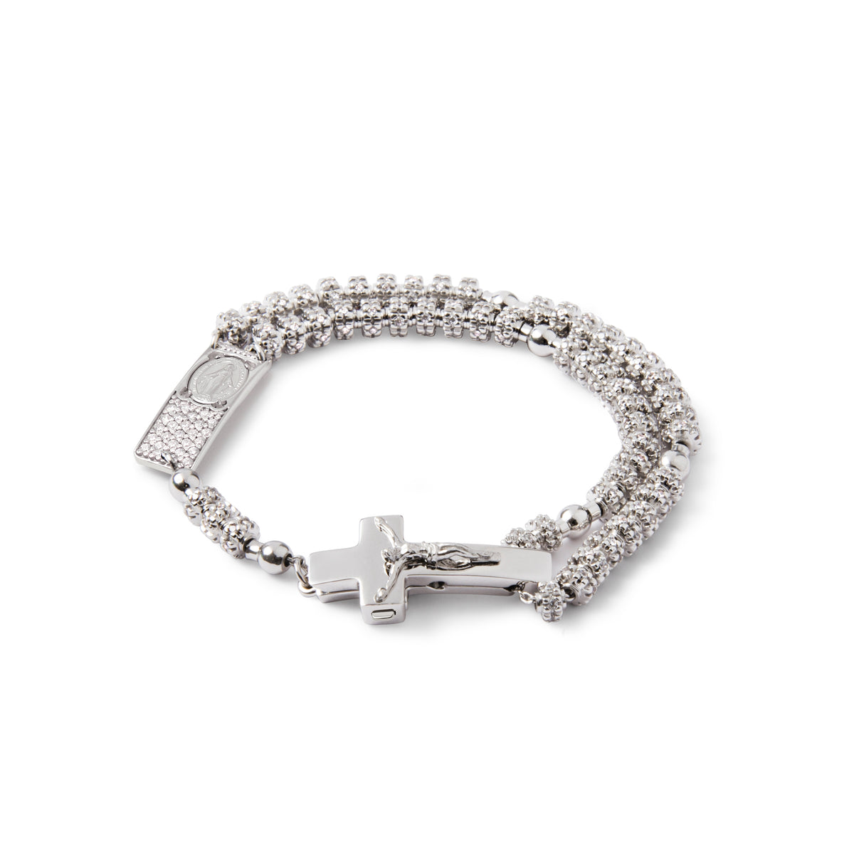 A sterling silver and gold-plated rosary bracelet with a cross pendant, featuring a chain design with silver round beads and hand-inserted zircon pavé beads.