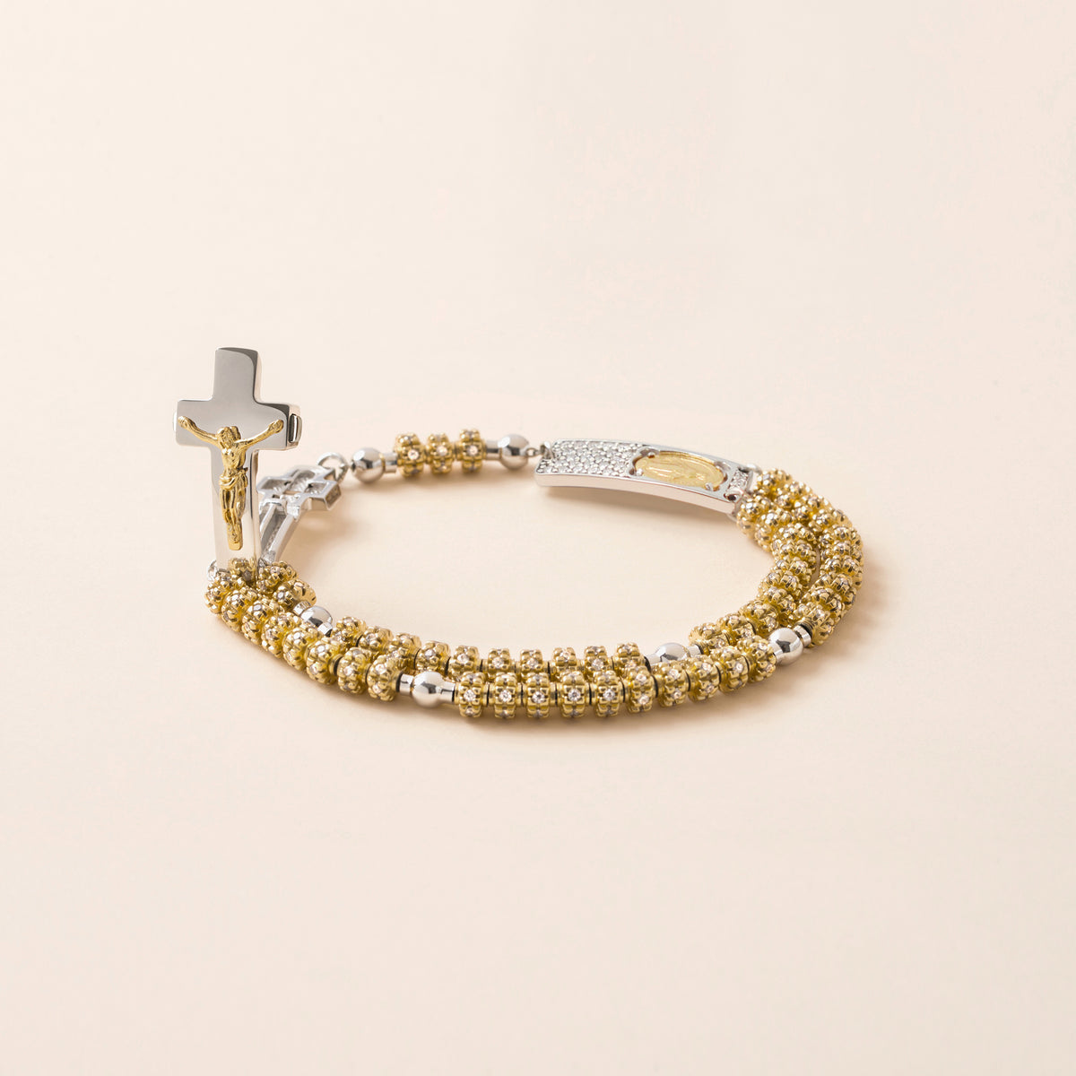 ROSALET® FULLY PAVE GOLD BEADS , STERLING SILVER &amp; ROUND PATER, ROSARY CENTER WITH ZIRCON PAVE, TRADITIONAL      