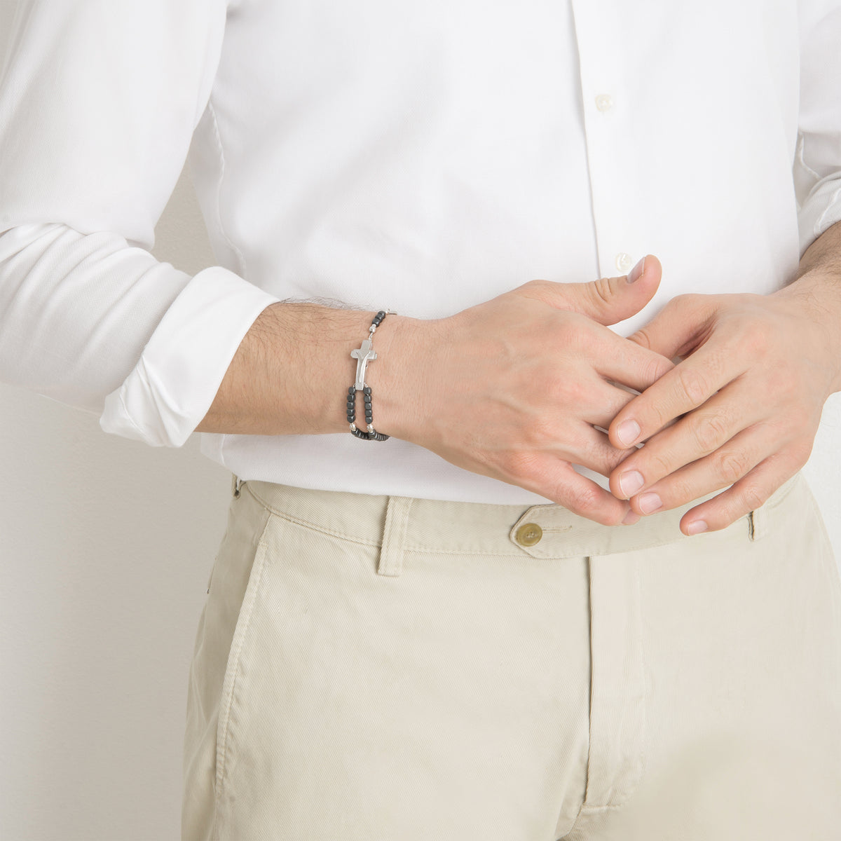 ROSALET® SQUARE MATTE HEMATITE BEADS, STERLING SILVER &amp; ROUND PATER, MODERN