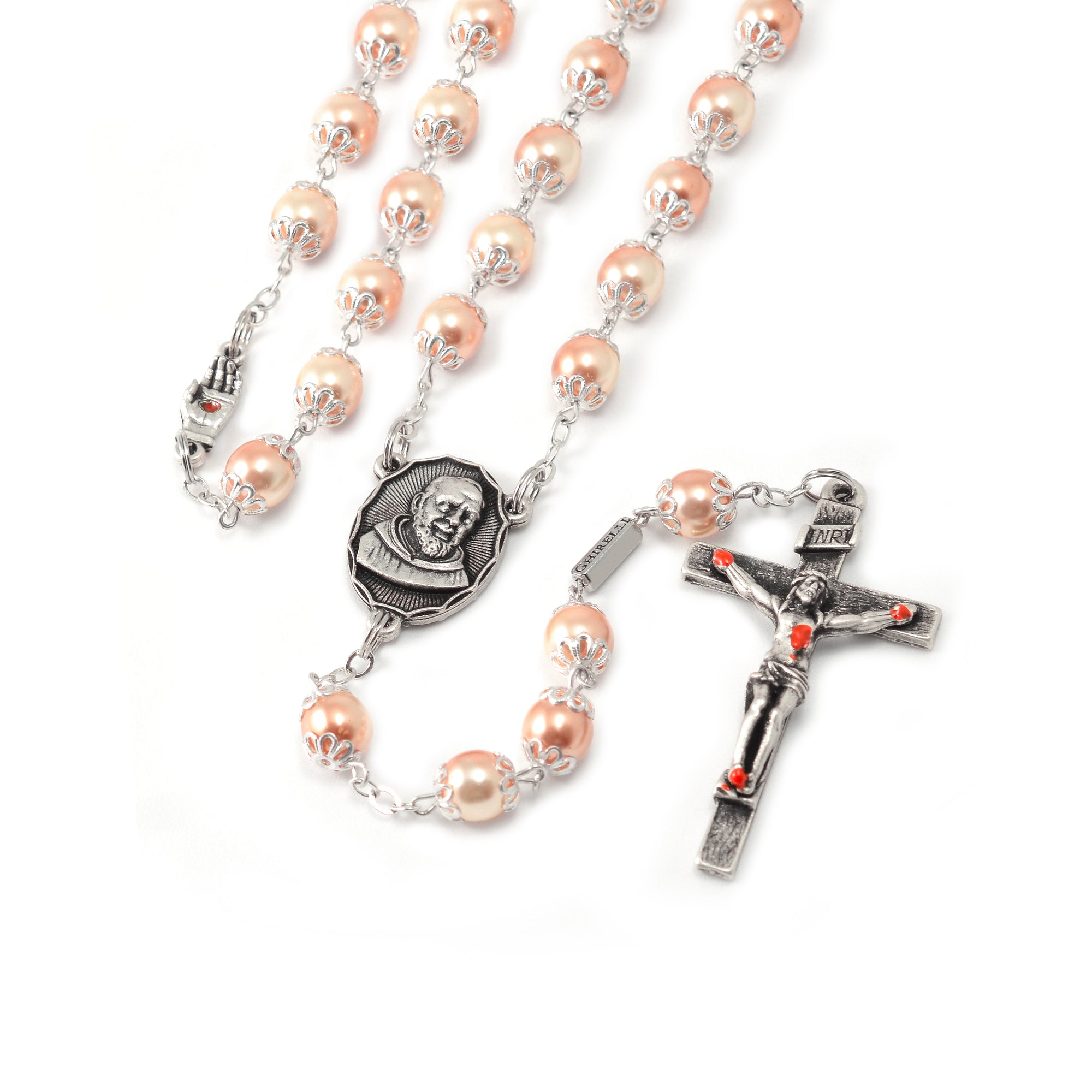 Saint Pio of Pietrelcina Anniversary Rosary in Antique Silver with Pink Pearl Beads
