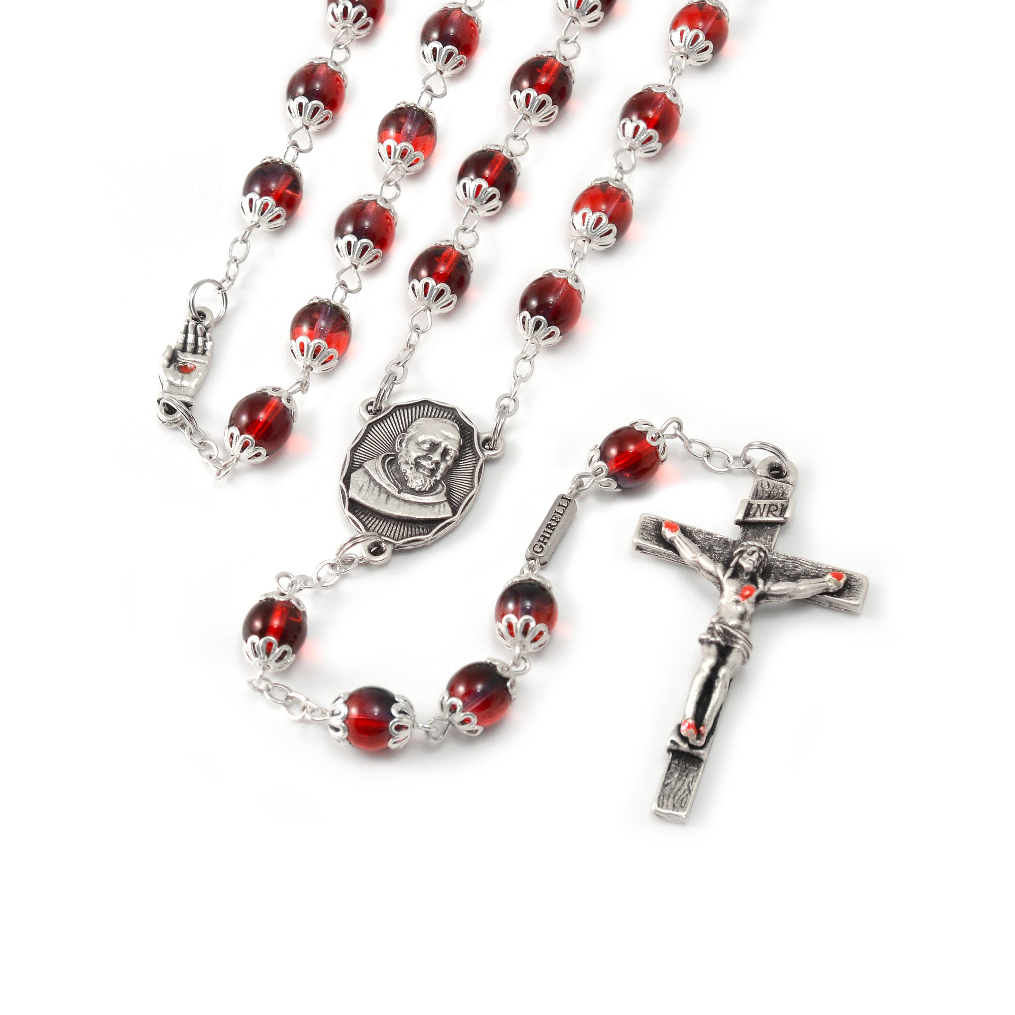 Saint Pio of Pietrelcina Anniversary Rosary in Antique Silver with Red Bohemian Glass Beads