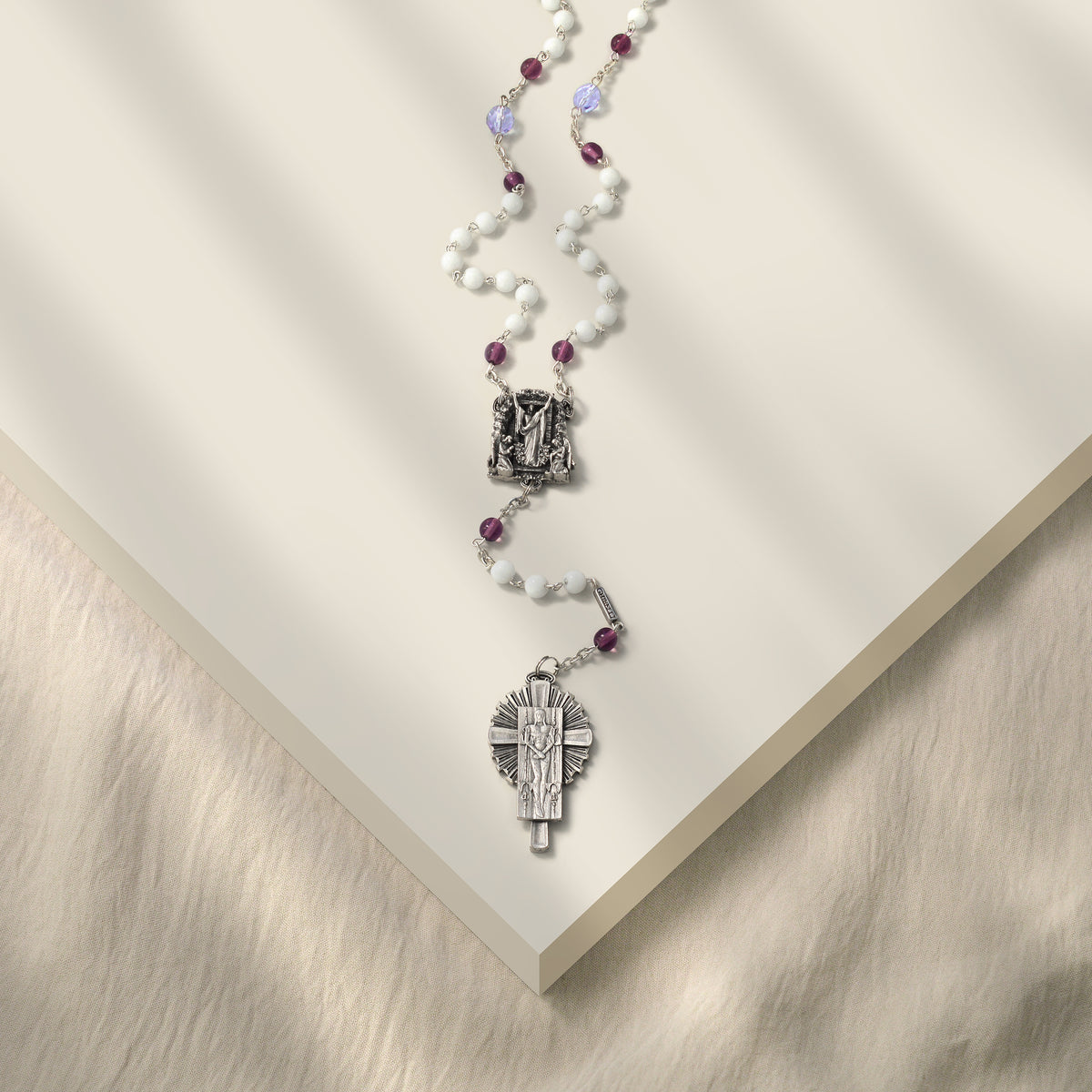 Holy Shroud Rosary full view with crucifix and centerpiece