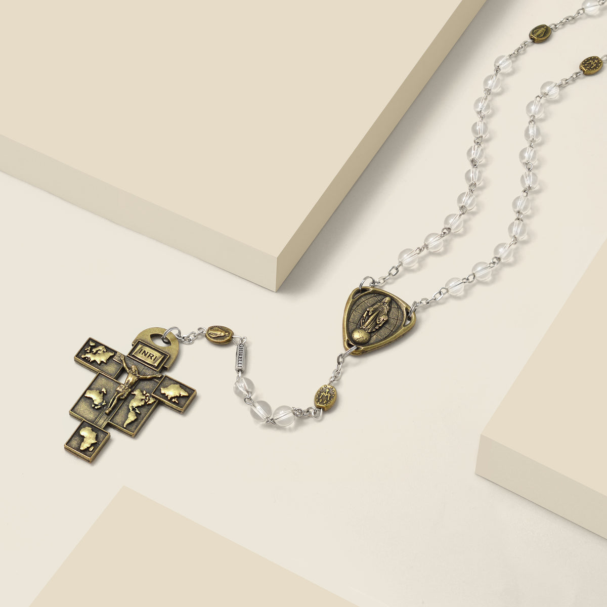 Close-up of the World Peace Rosary crucifix representing global unity through Christ