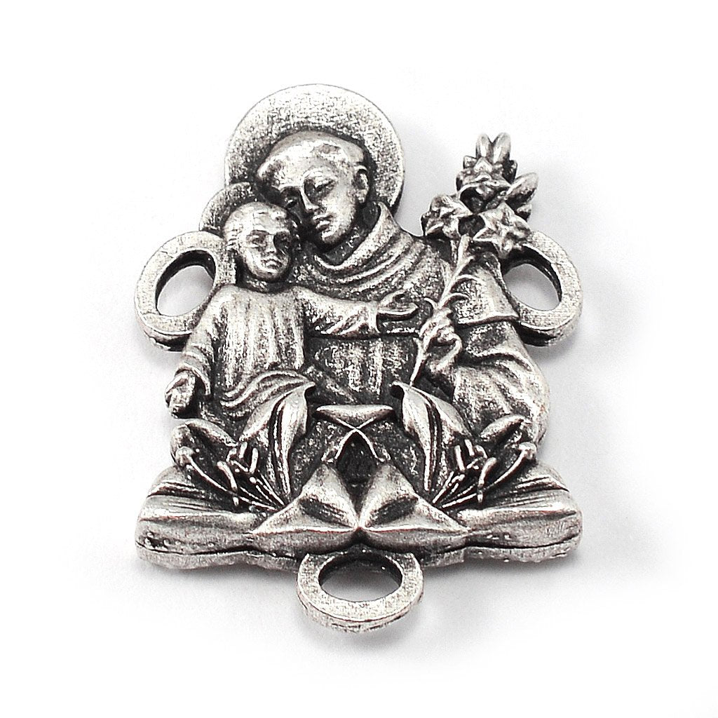 Saint Anthony Rosary in Antique Silver and Black Glass Beads