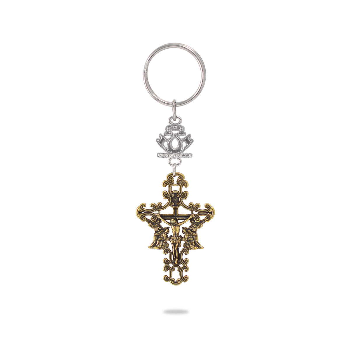A key chain featuring a gold and silver crucifix with angelic figures and the exclusive Ghirelli logo.