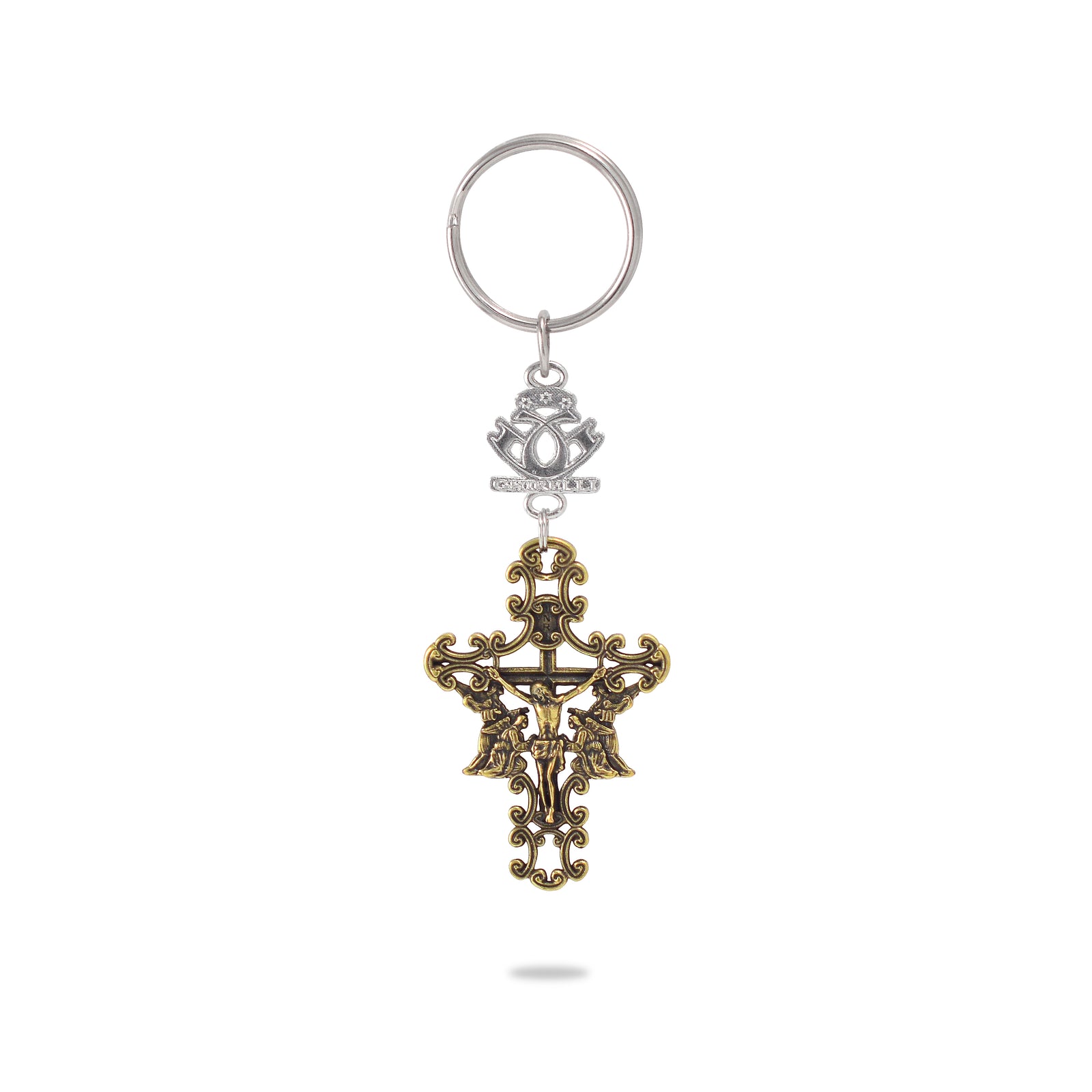 A key chain featuring a gold and silver crucifix with angelic figures and the exclusive Ghirelli logo.