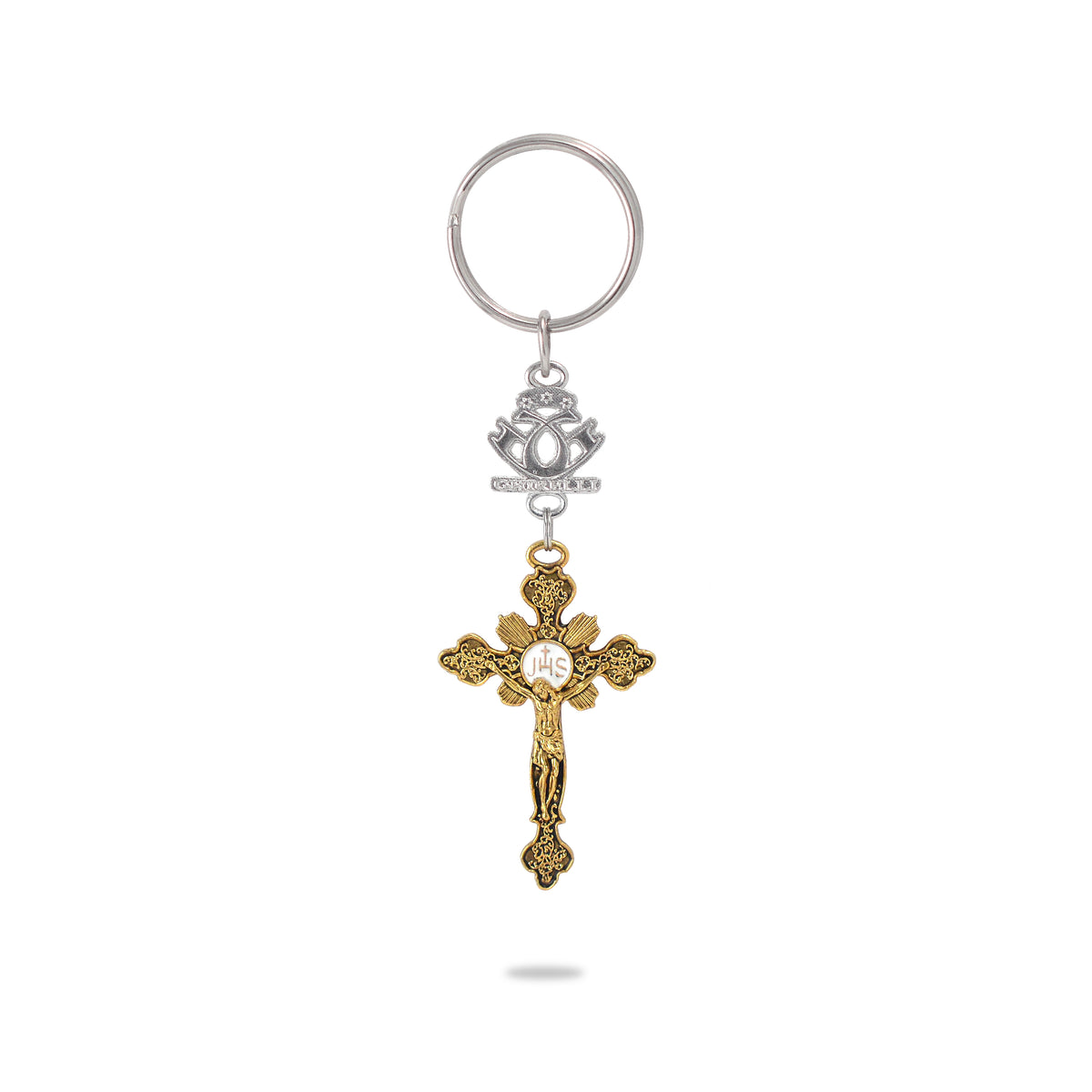 A key chain featuring a gold-plated Eucharistic Ostensory crucifix with hand-enameled Blessed Sacrament.