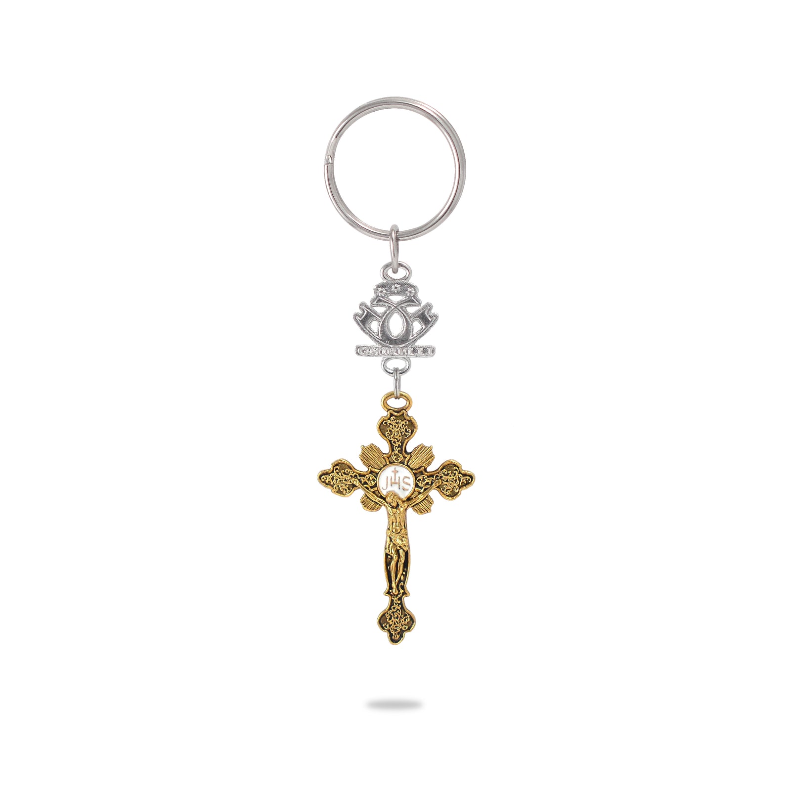 A key chain featuring a gold-plated Eucharistic Ostensory crucifix with hand-enameled Blessed Sacrament.